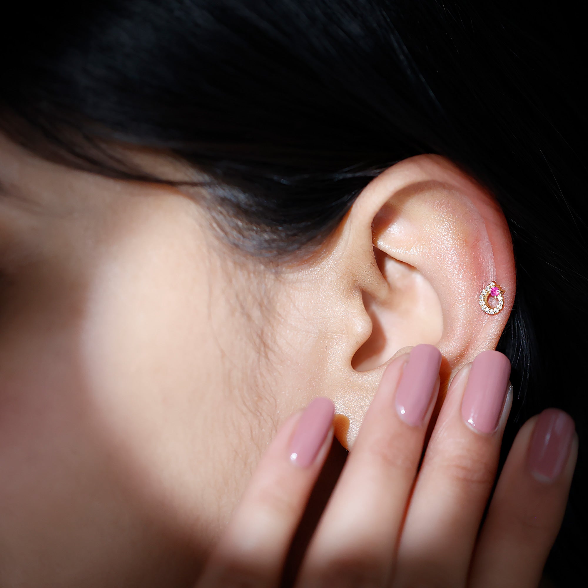 Round Ruby and Moissanite Unique Helix Earring