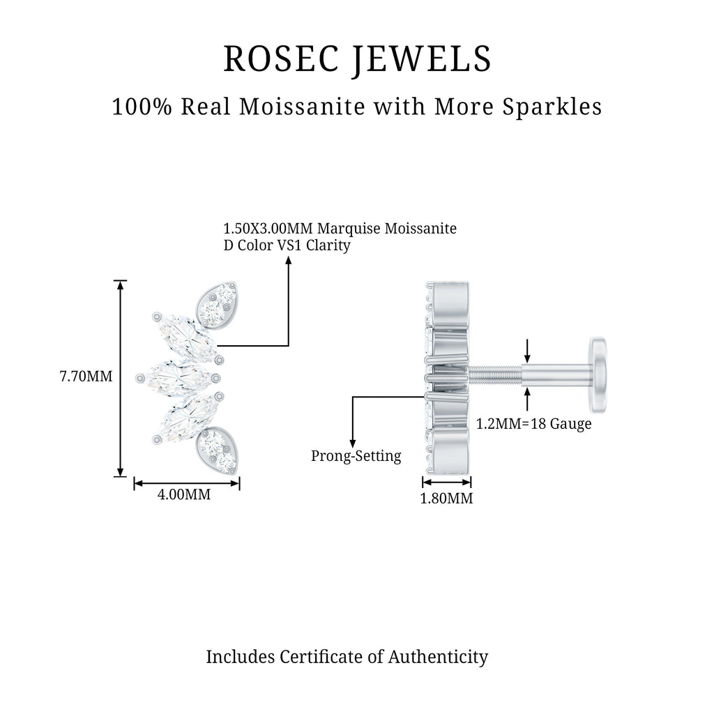 Marquise and Round Cut Moissanite Curved Leaf Helix Earring