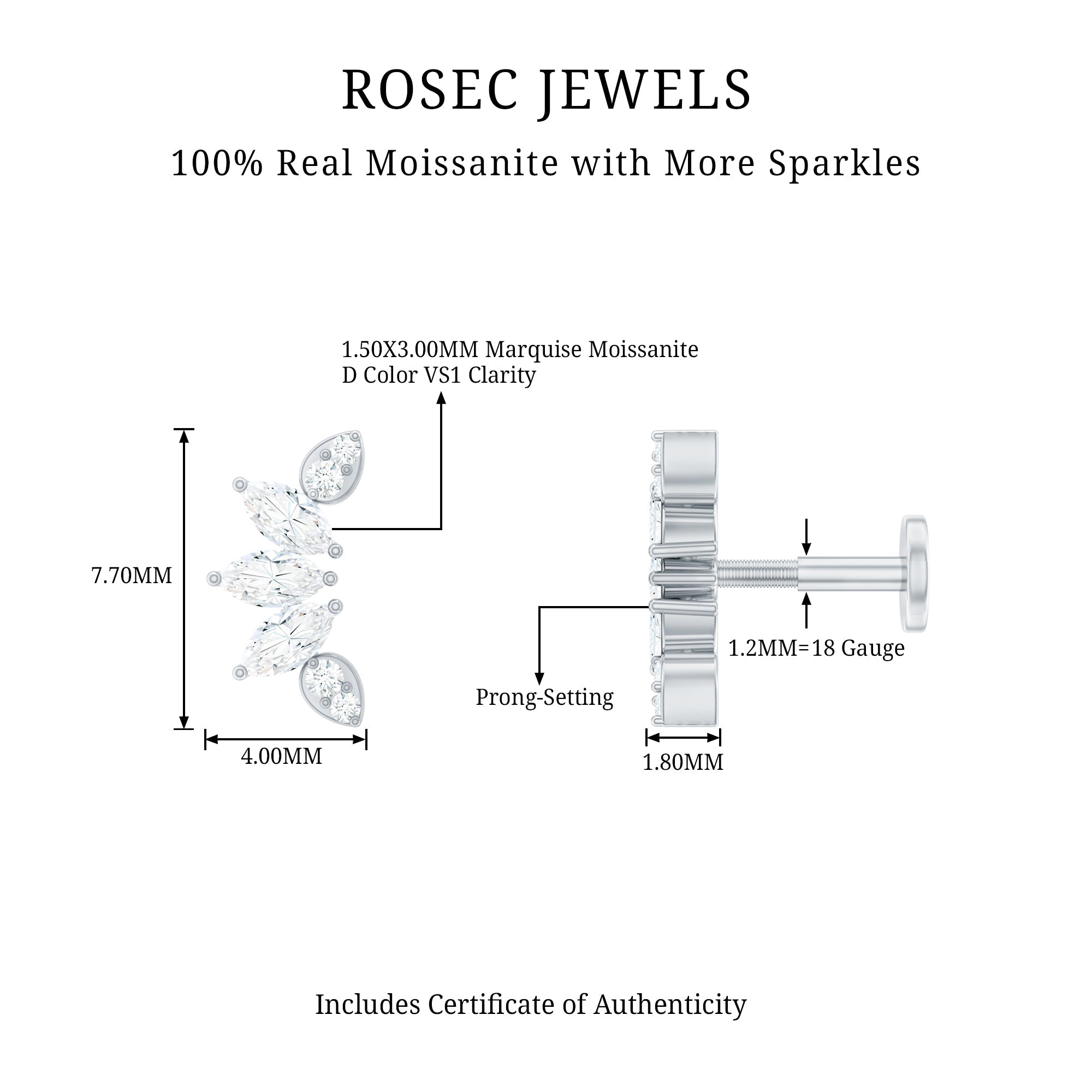 Marquise and Round Cut Moissanite Curved Leaf Helix Earring