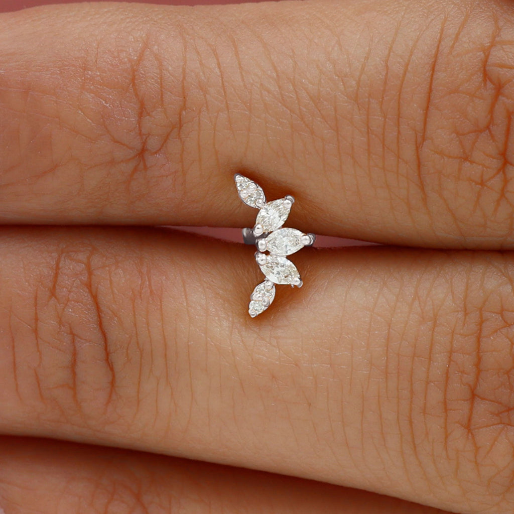 Marquise and Round Cut Moissanite Curved Leaf Helix Earring