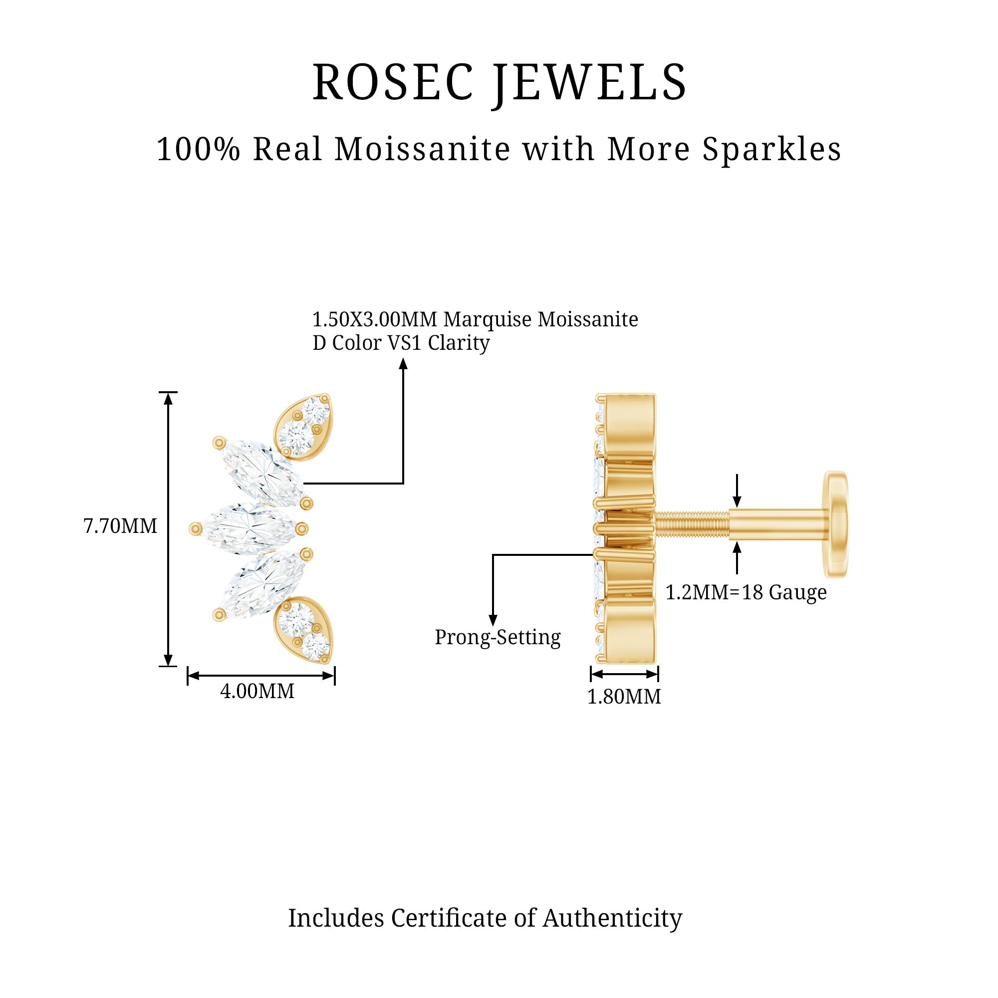 Marquise and Round Cut Moissanite Curved Leaf Helix Earring
