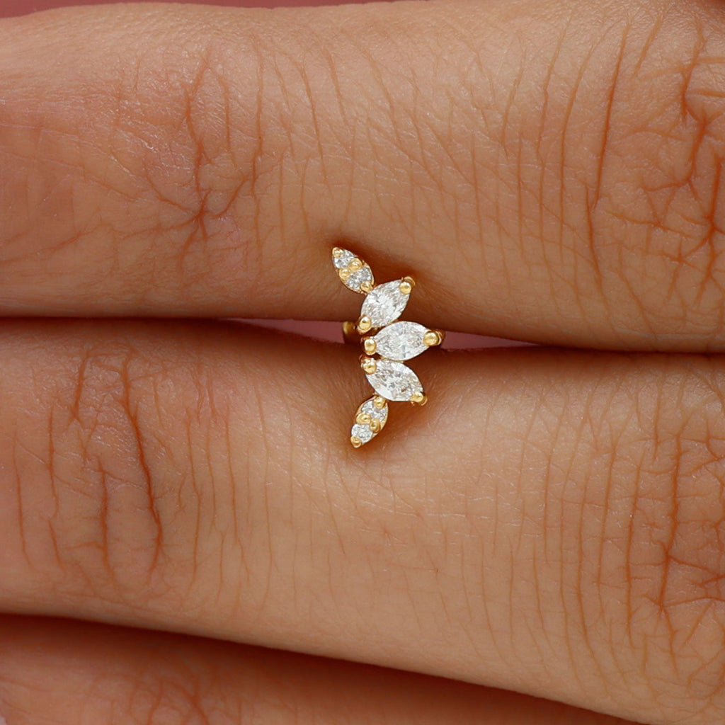 Marquise and Round Cut Moissanite Curved Leaf Helix Earring