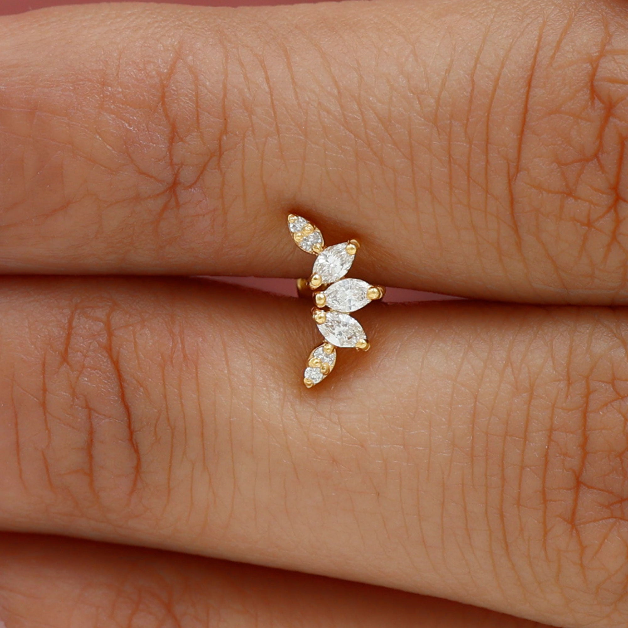 Marquise and Round Cut Moissanite Curved Leaf Helix Earring