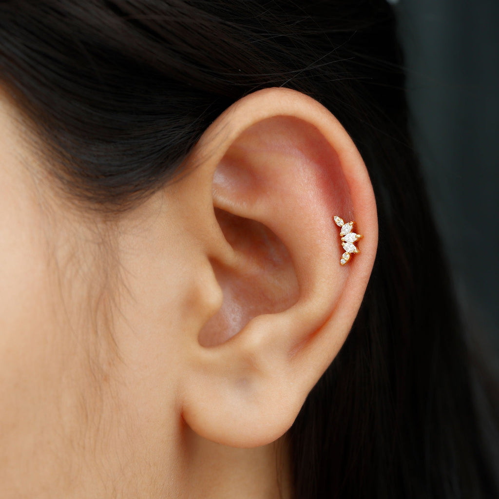 Marquise and Round Cut Moissanite Curved Leaf Helix Earring
