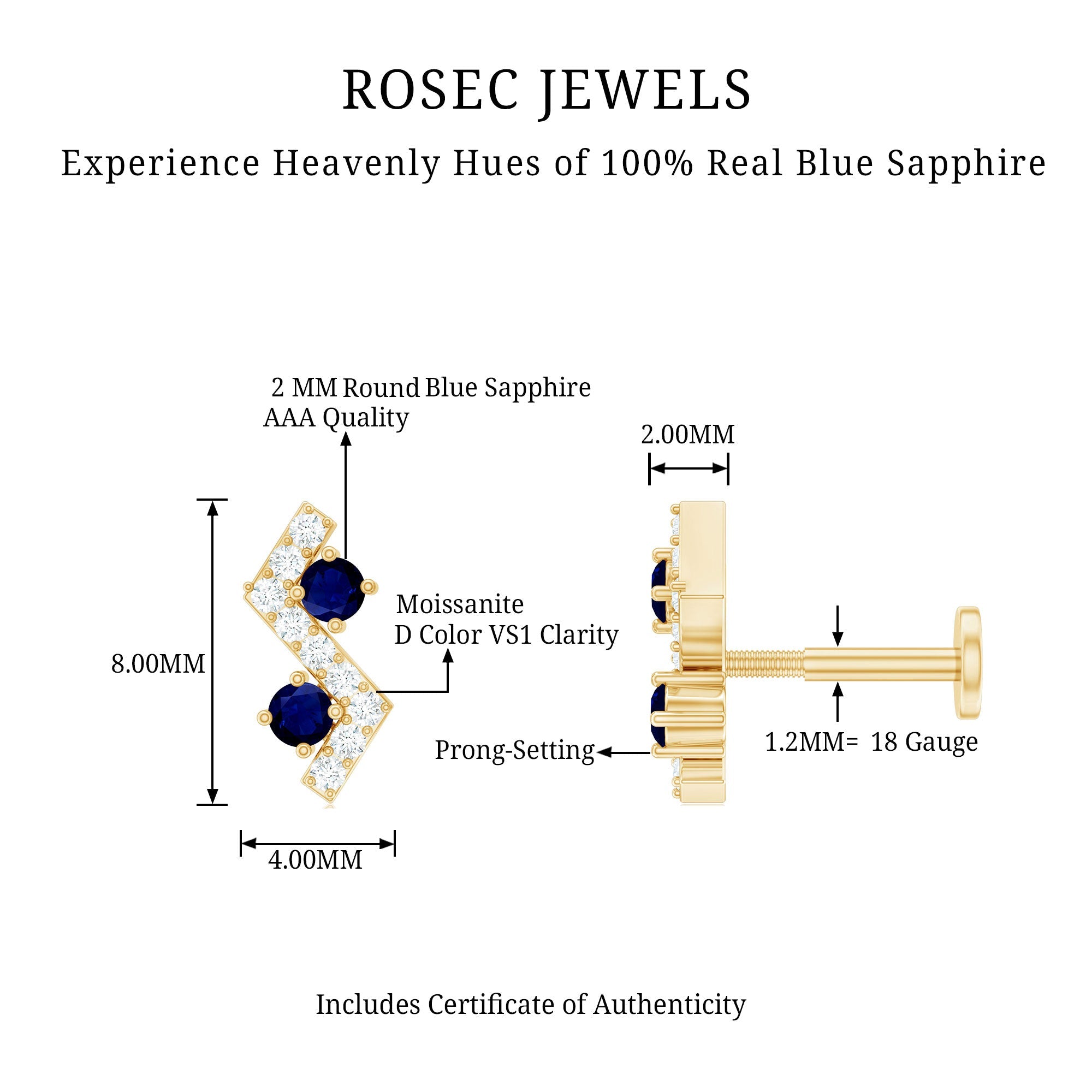 Blue Sapphire and Moissanite Zig Zag Helix Earring in Gold