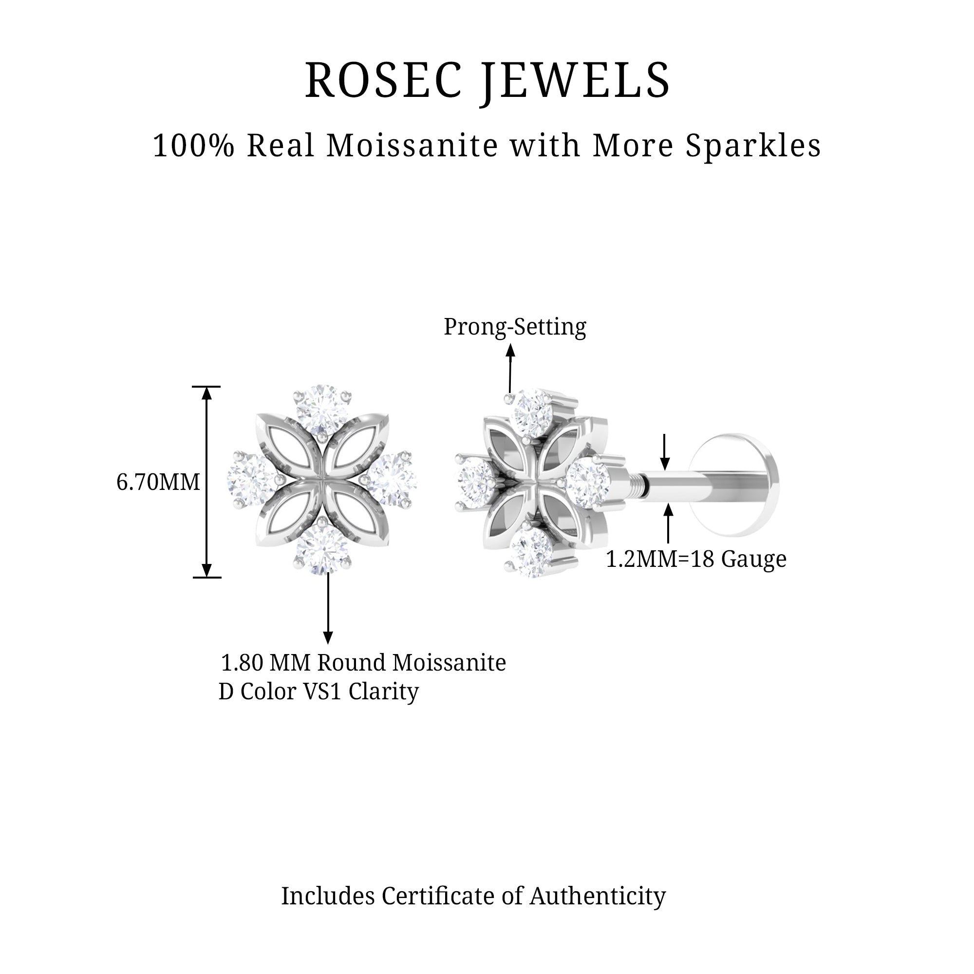 Round Moissanite Flower Earring for Cartilage Piercing