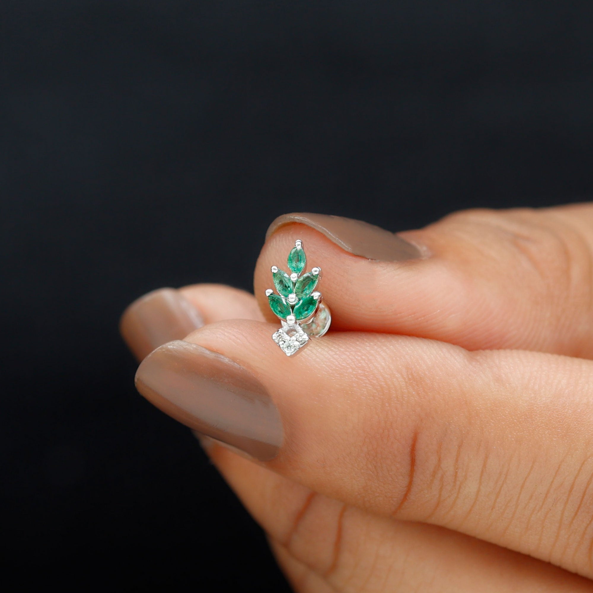Real Emerald and Diamond Leaf Cartilage Earring