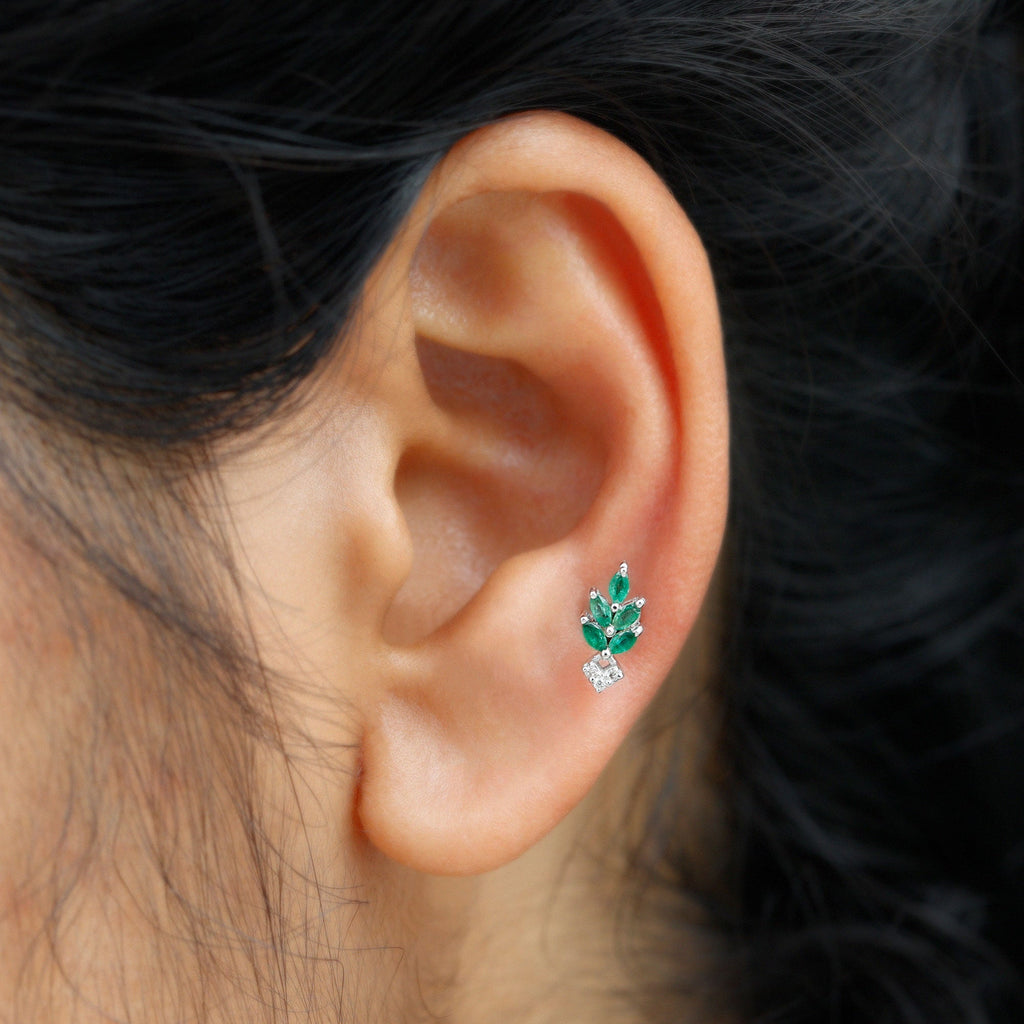 Real Emerald and Diamond Leaf Cartilage Earring