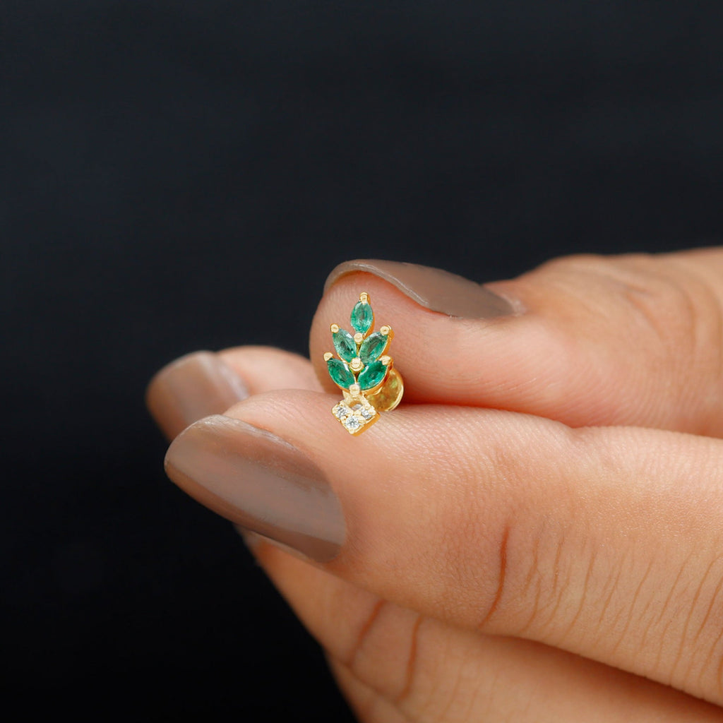 Real Emerald and Diamond Leaf Cartilage Earring