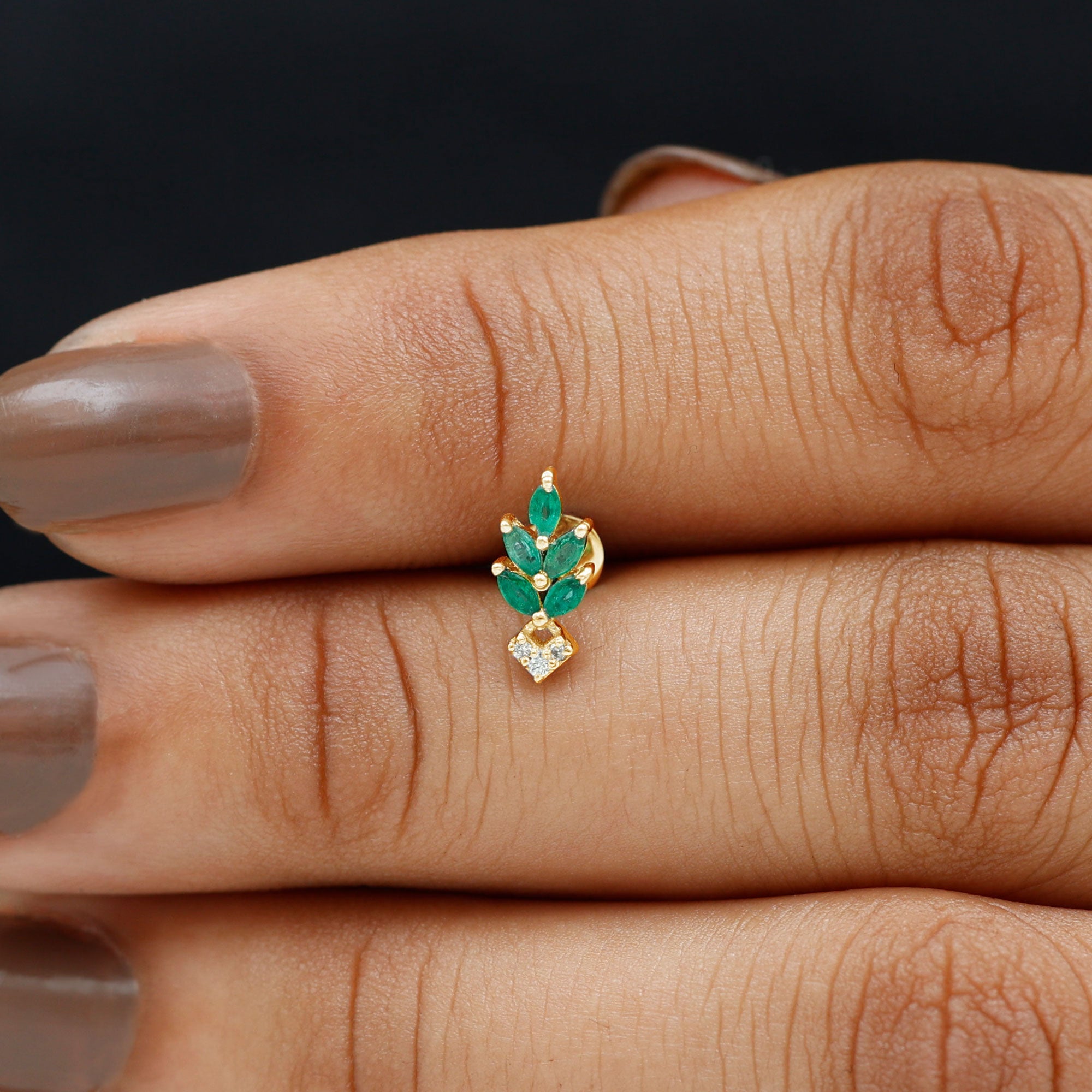 Real Emerald and Diamond Leaf Cartilage Earring