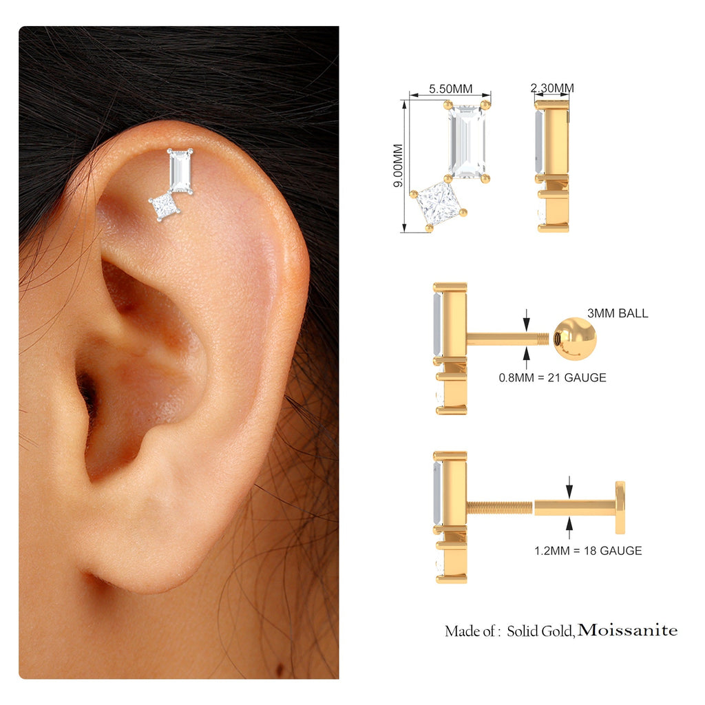 Baguette and Princess Moissanite Two Stone Helix Earring