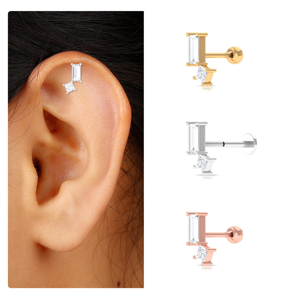Baguette and Princess Moissanite Two Stone Helix Earring
