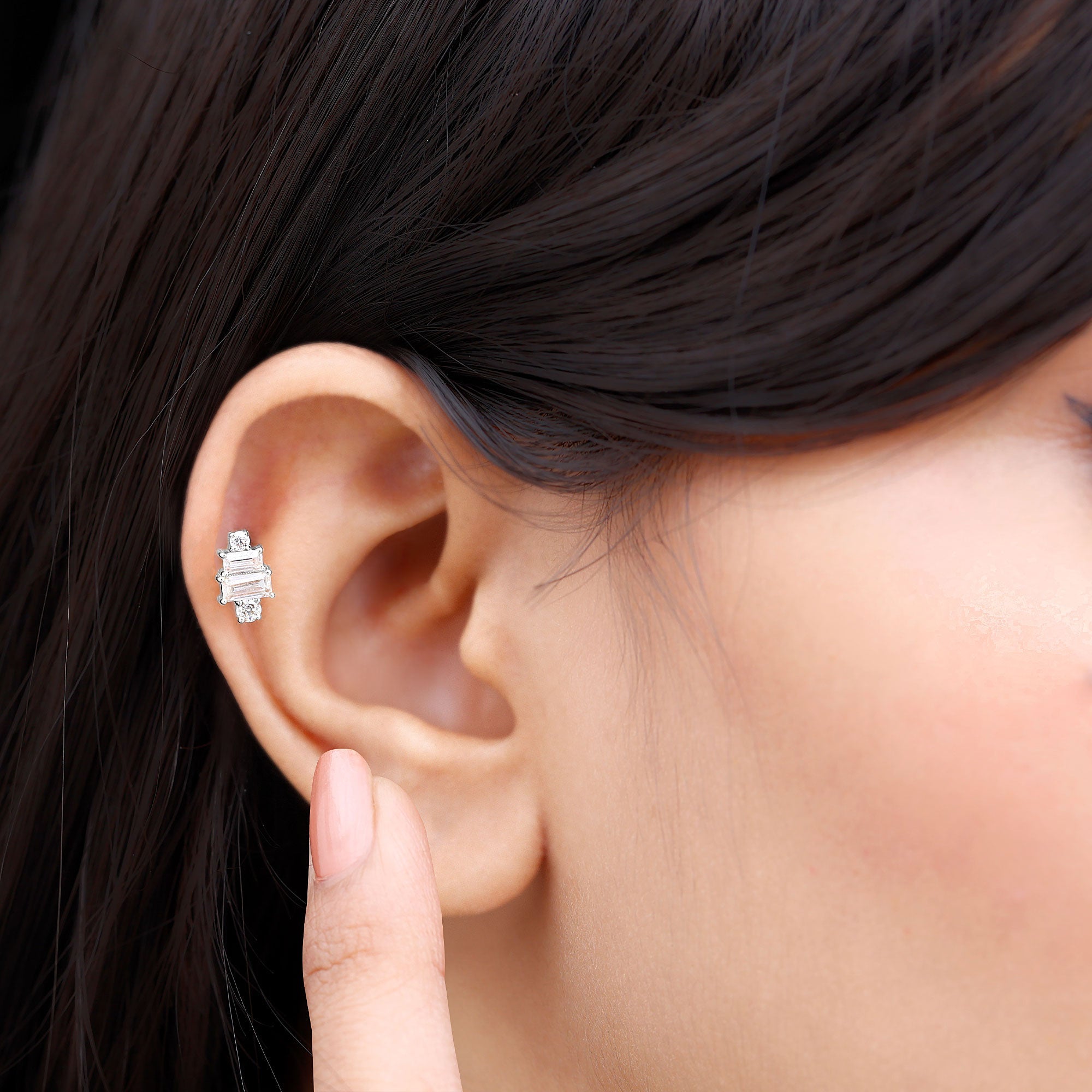 Baguette and Round Moissanite Designer Earring for Helix Piercing