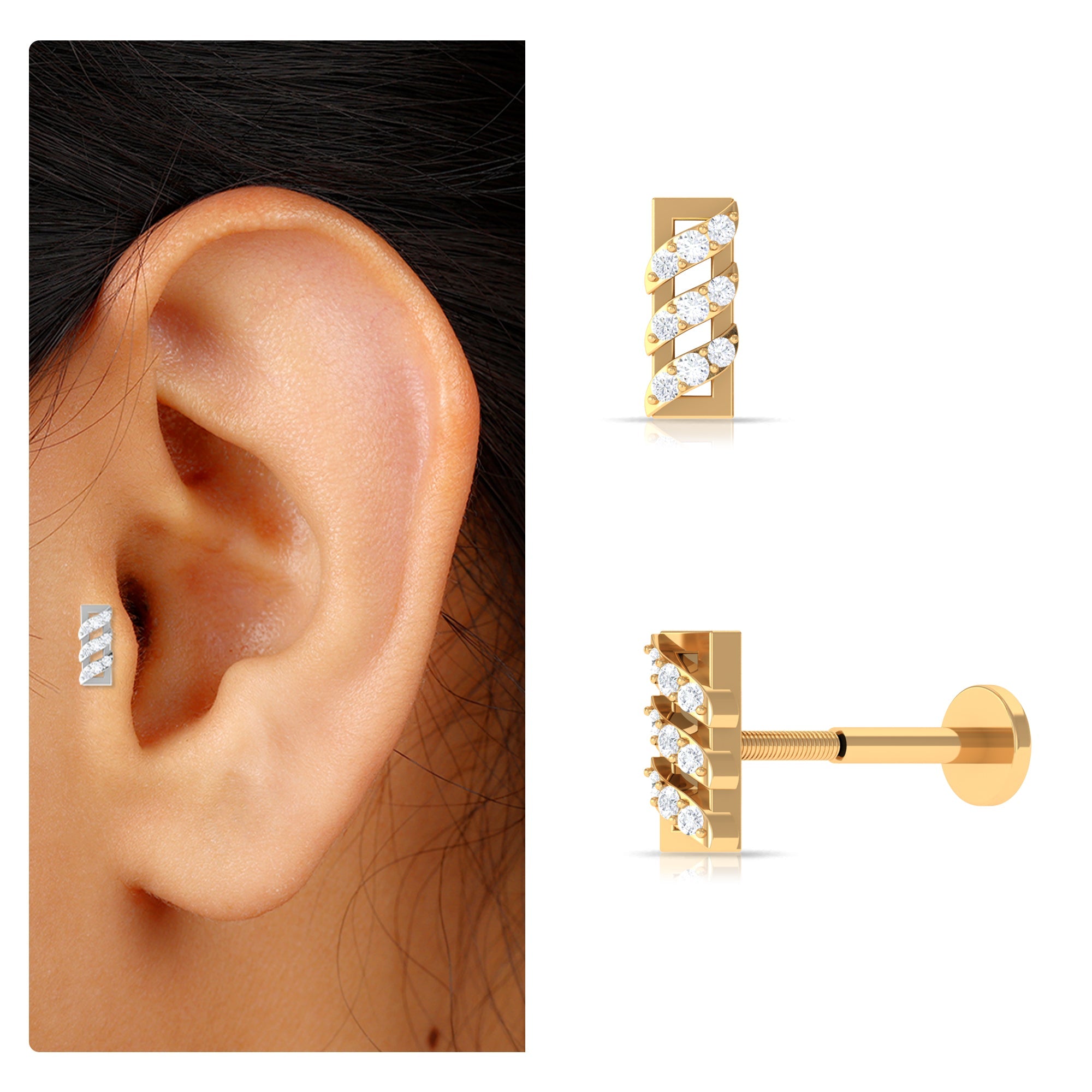 Minimalist Diamond Gold Bar Earring for Tragus Piercing
