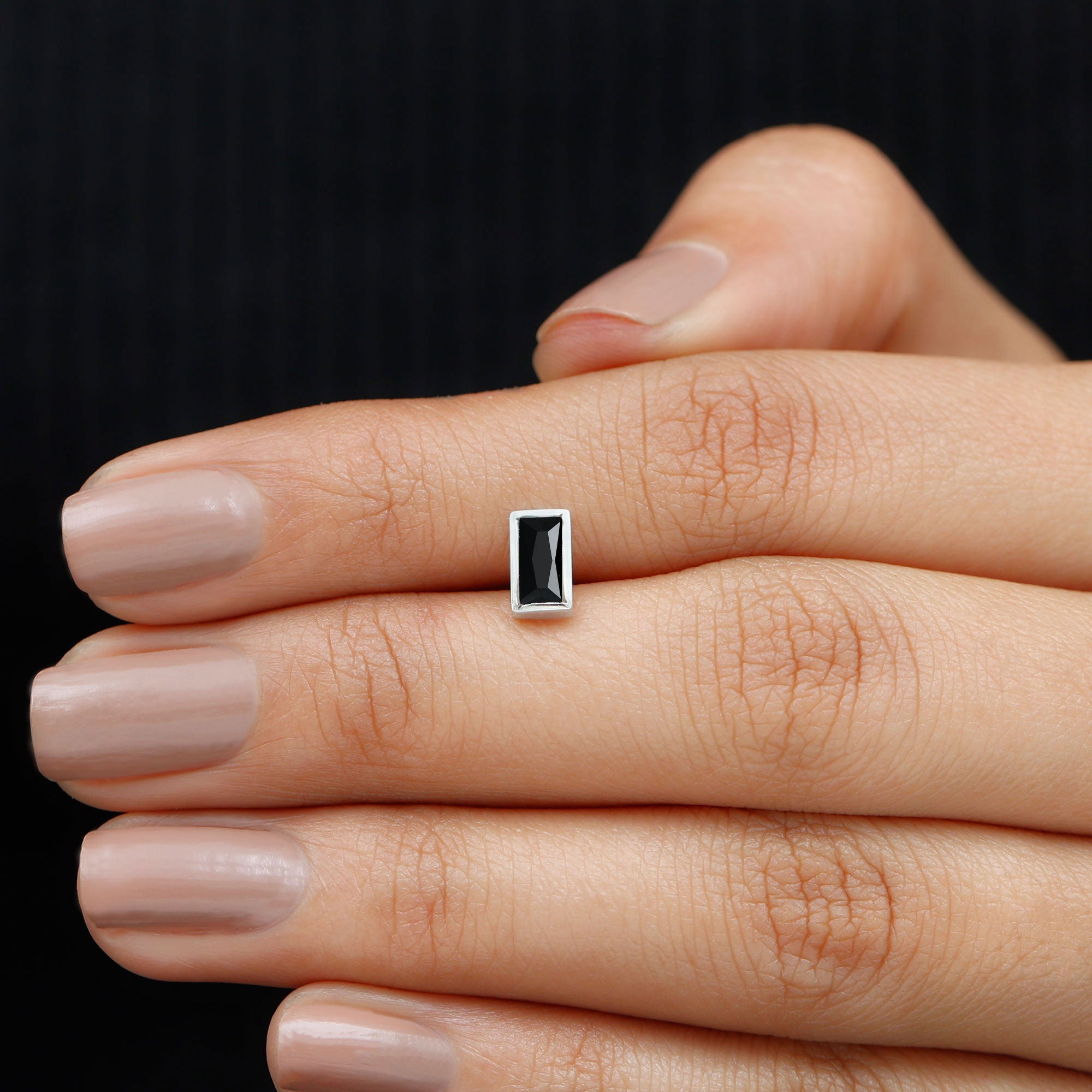 Baguette Cut Black Onyx Helix Earring in Bezel Setting