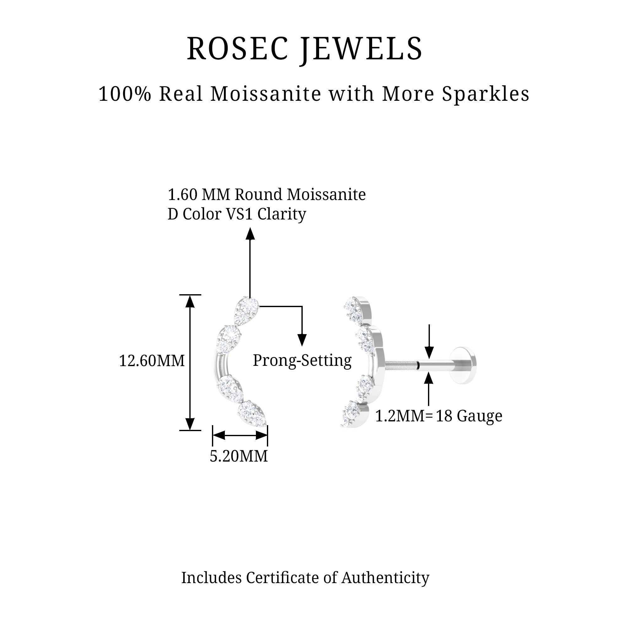 Certified Moissanite Curved Helix Earring in Gold