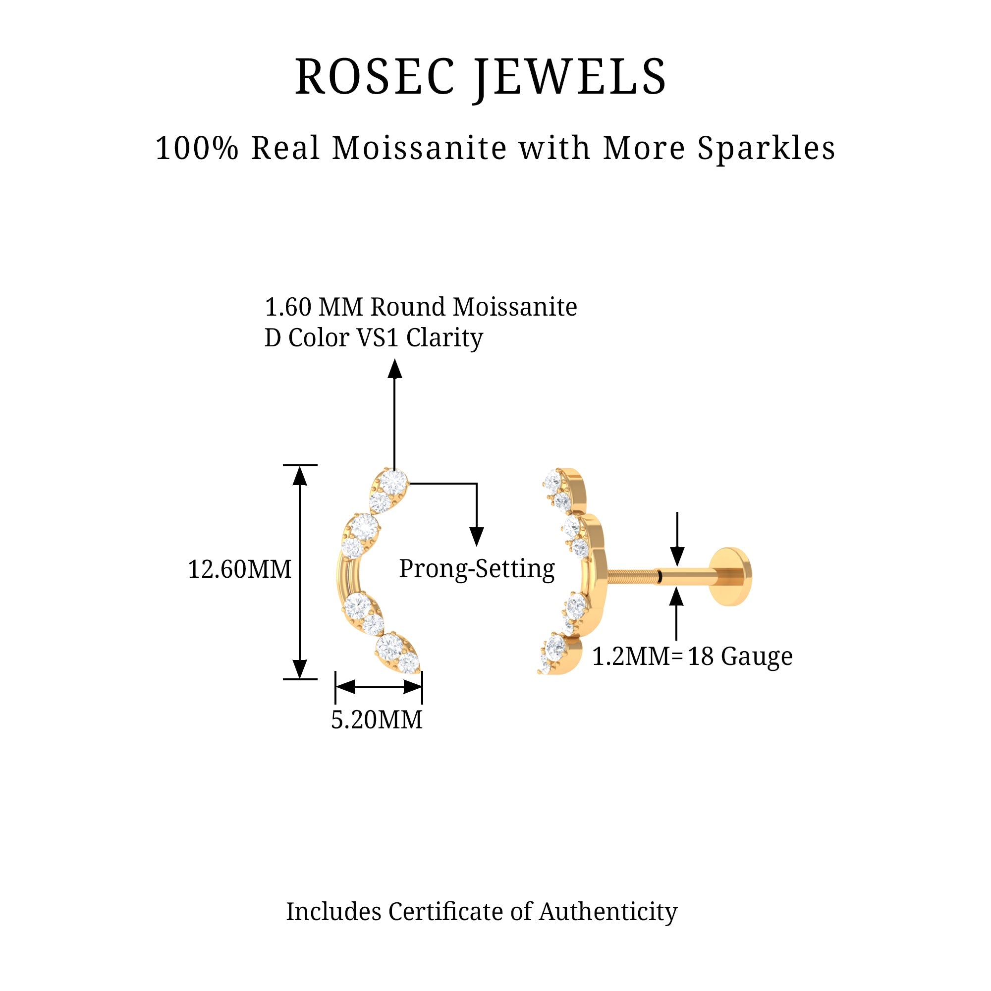 Certified Moissanite Curved Helix Earring in Gold