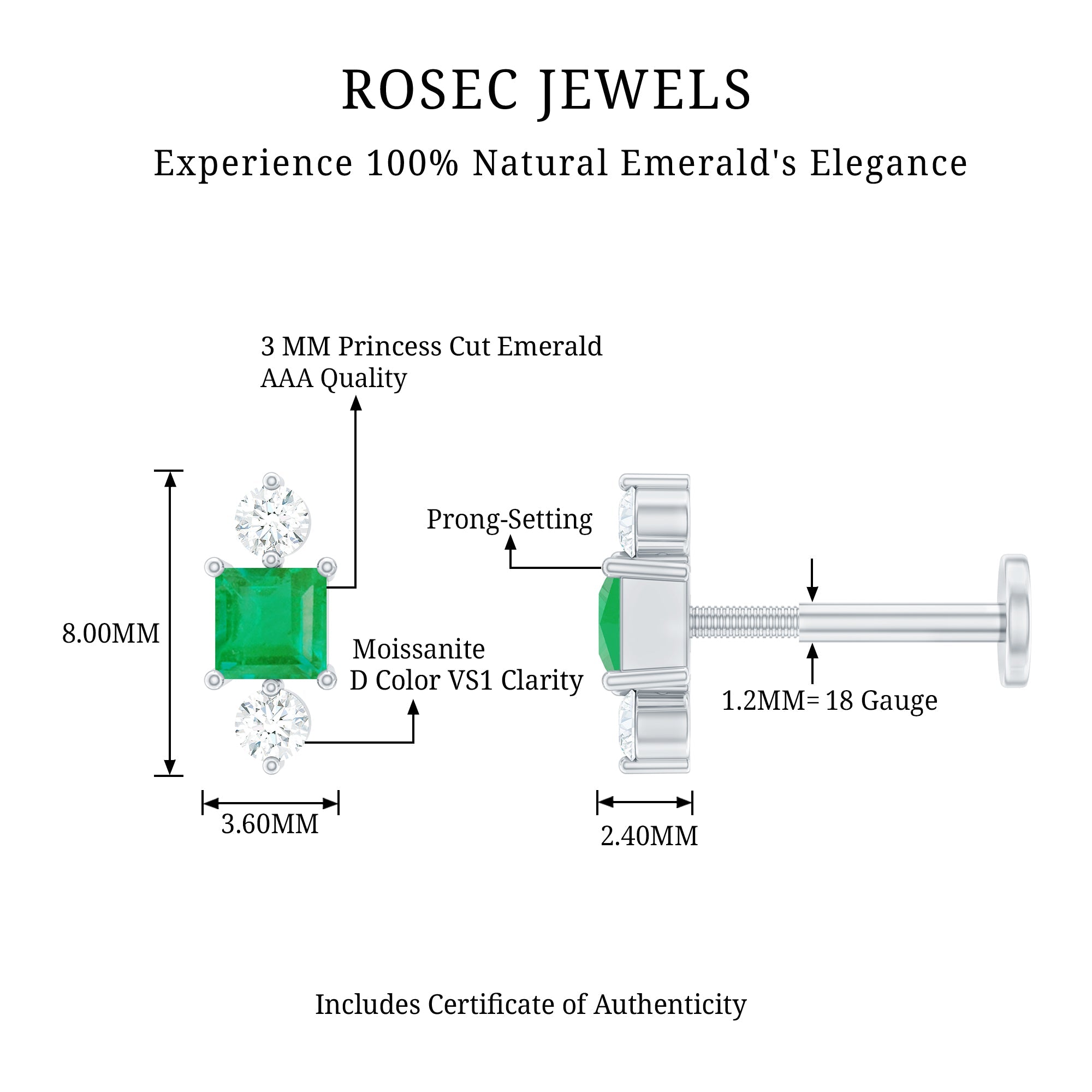 Natural Emerald and Moissanite Helix Earring