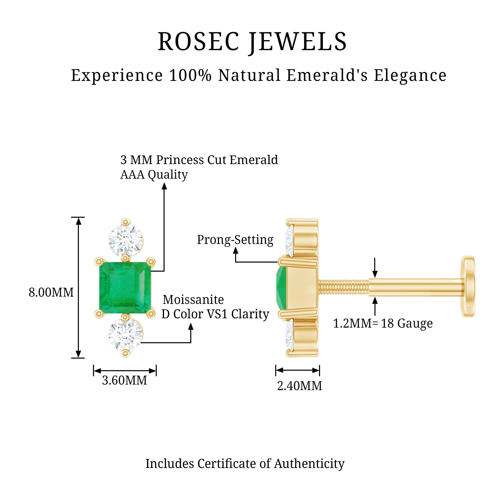 Natural Emerald and Moissanite Helix Earring