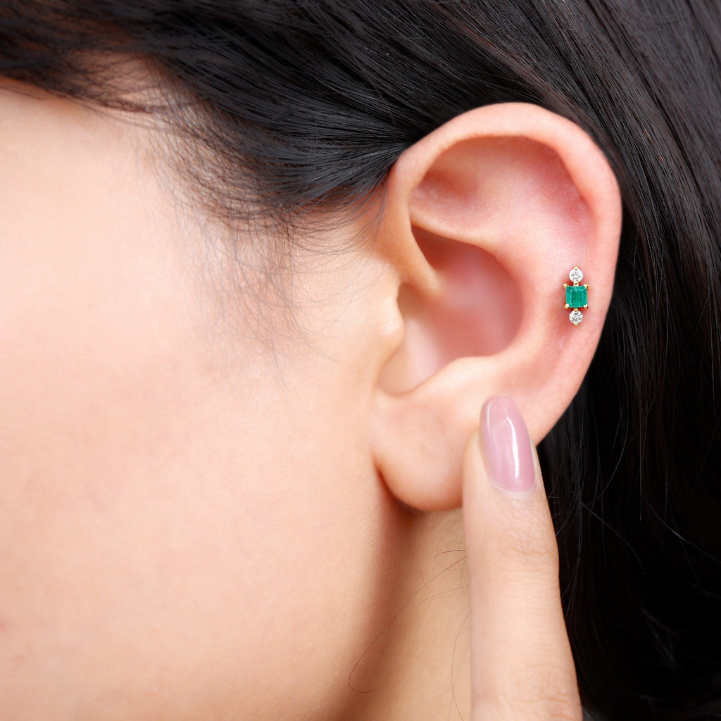 Natural Emerald and Moissanite Helix Earring