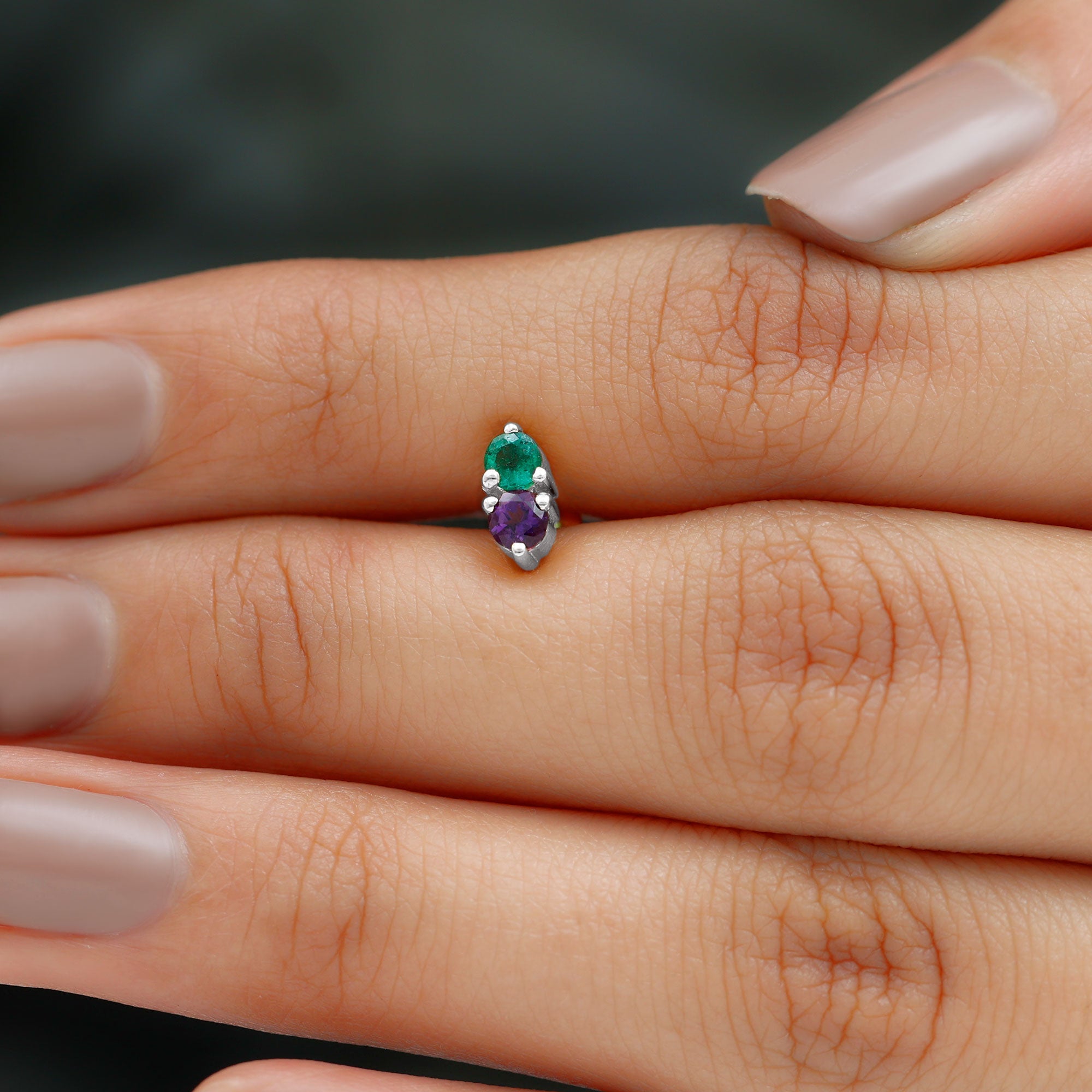 Real Amethyst and Emerald Earring for Helix Piercing