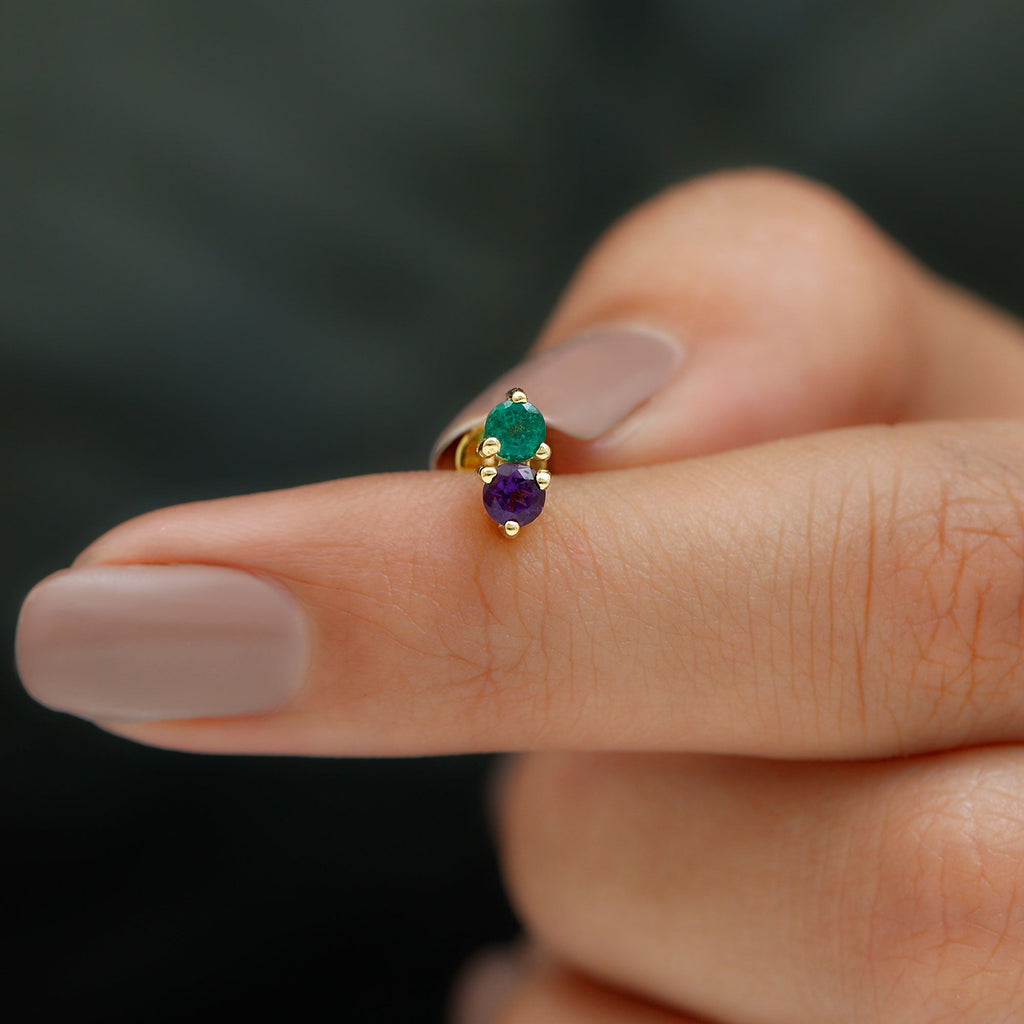 Real Amethyst and Emerald Earring for Helix Piercing