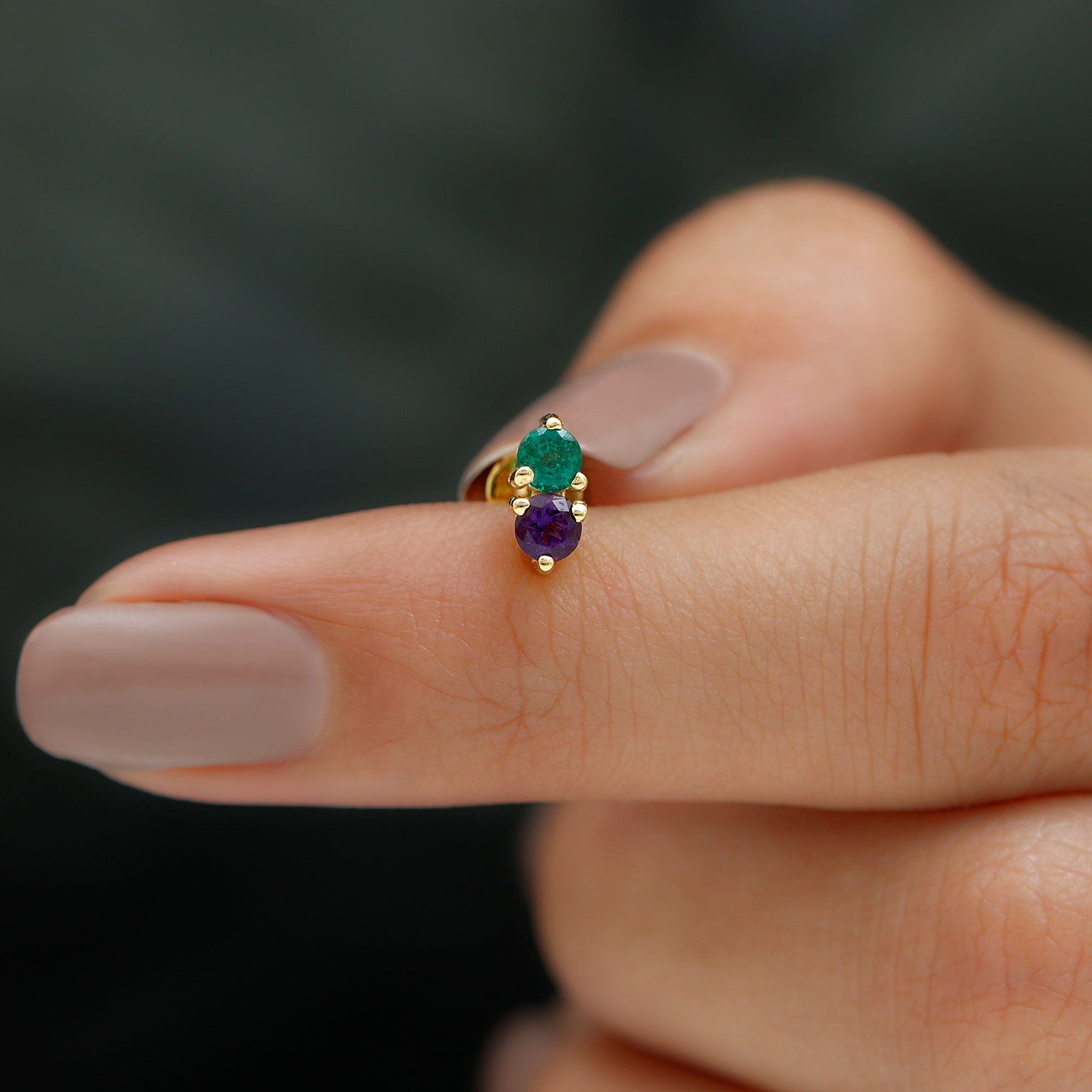 Real Amethyst and Emerald Earring for Helix Piercing
