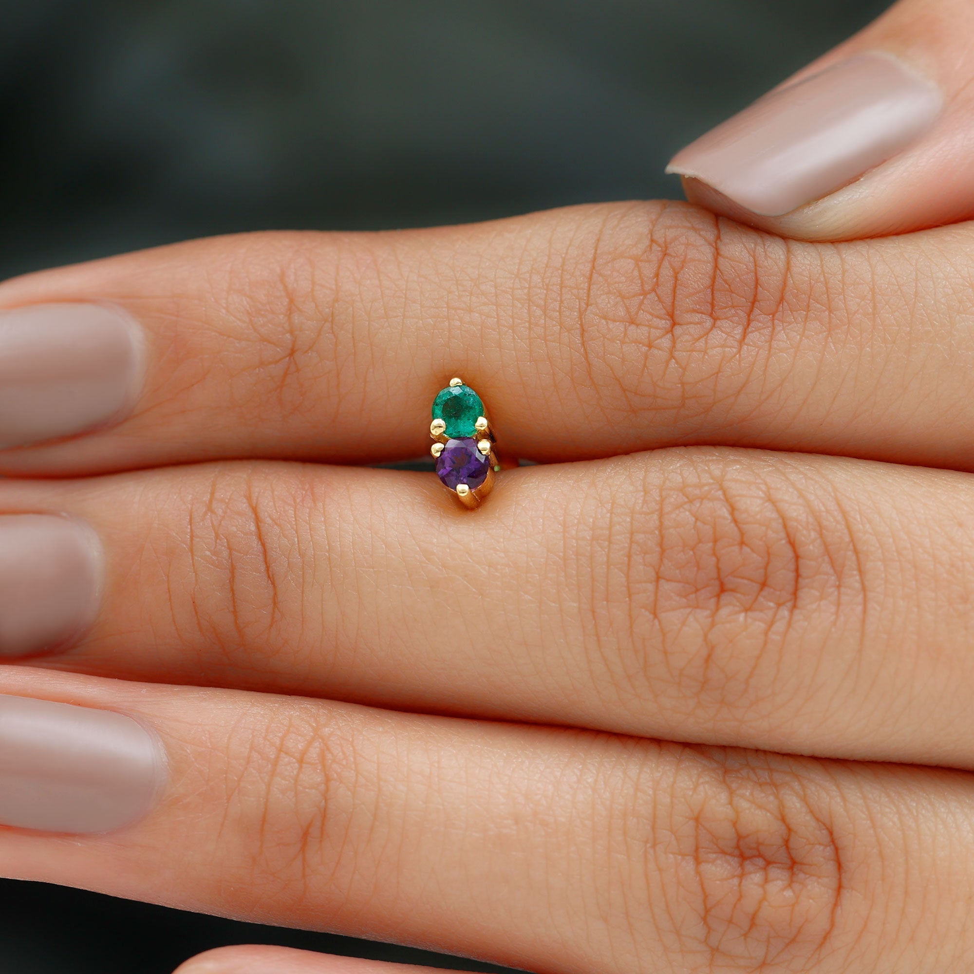Real Amethyst and Emerald Earring for Helix Piercing