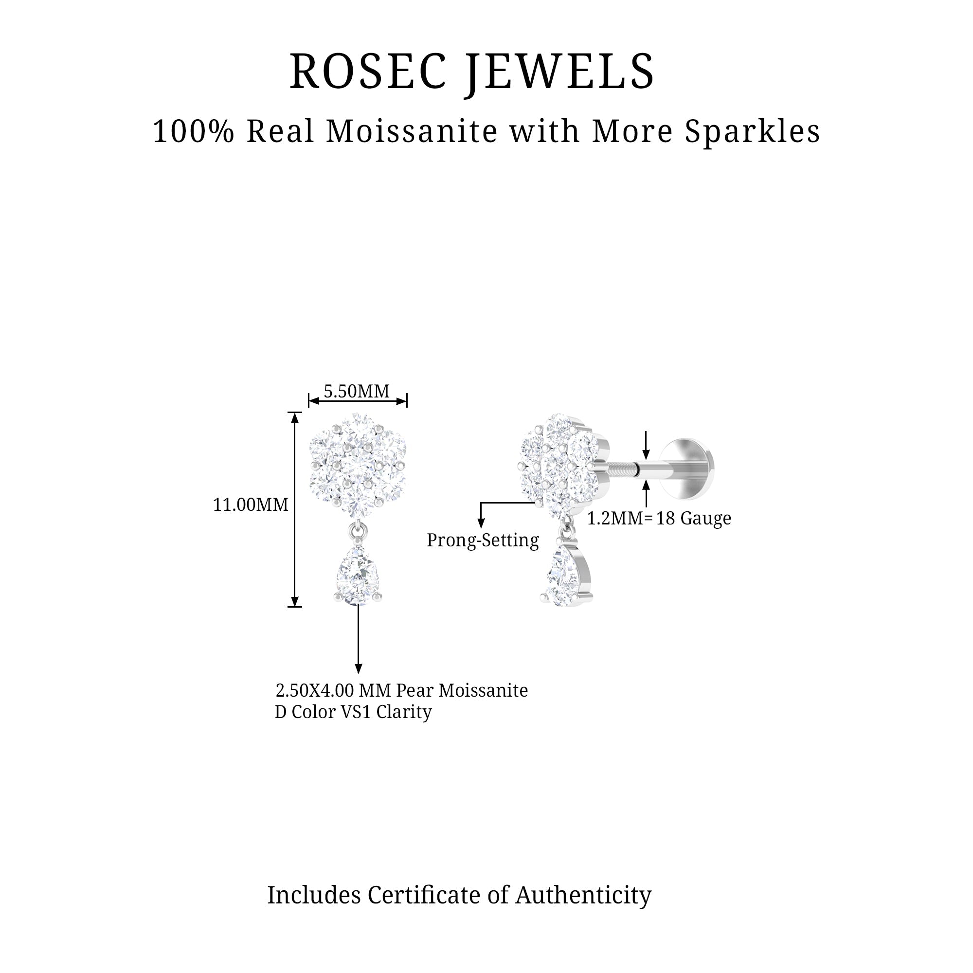 Moissanite Floral Drop Earring for Helix Piercing