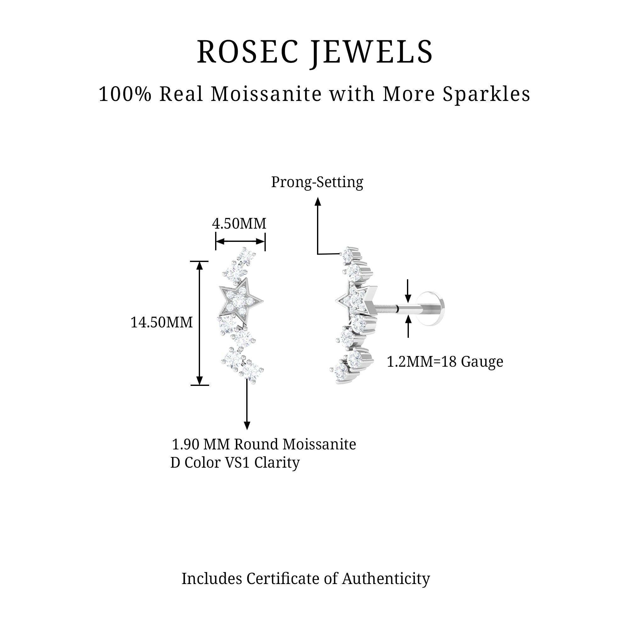 Moissanite Star Crawler Earring for Helix Piercing