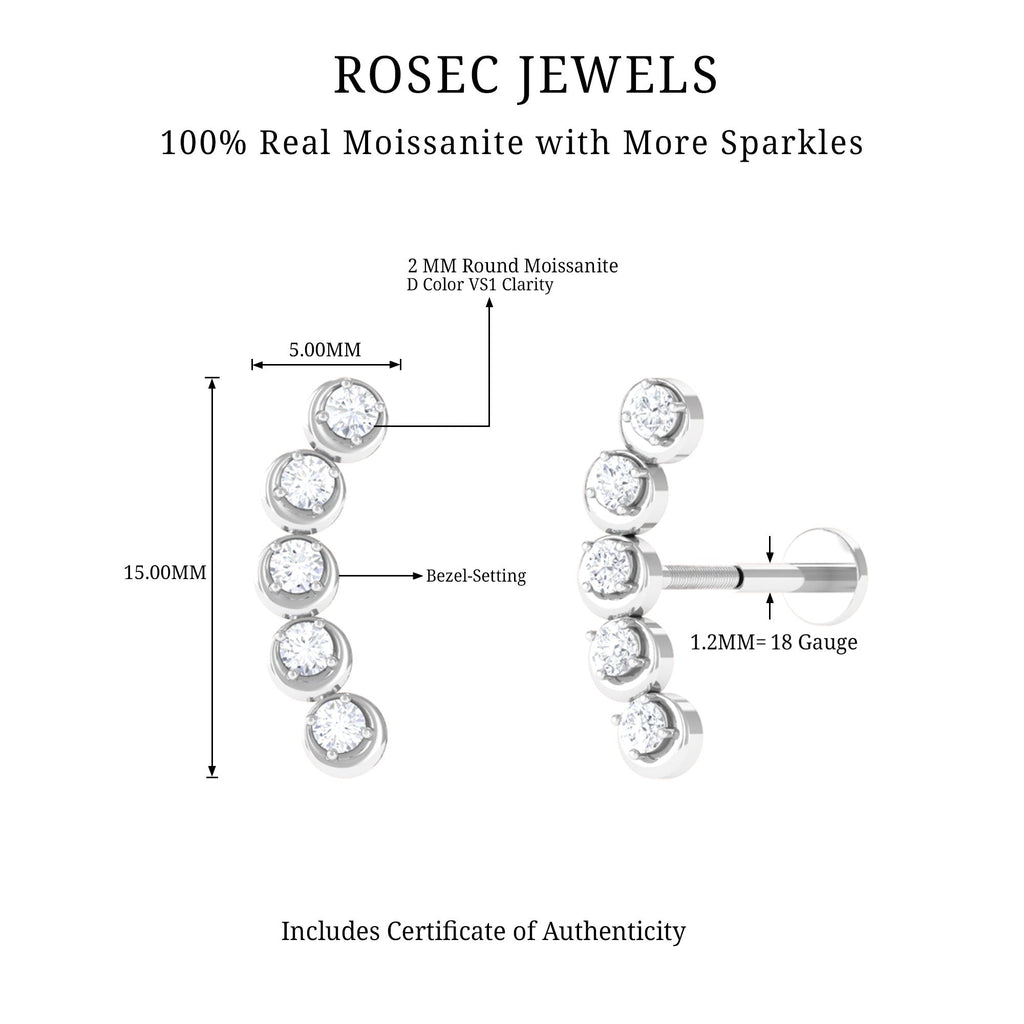 Round Moissanite Gold Crawler Earring for Helix Piercing