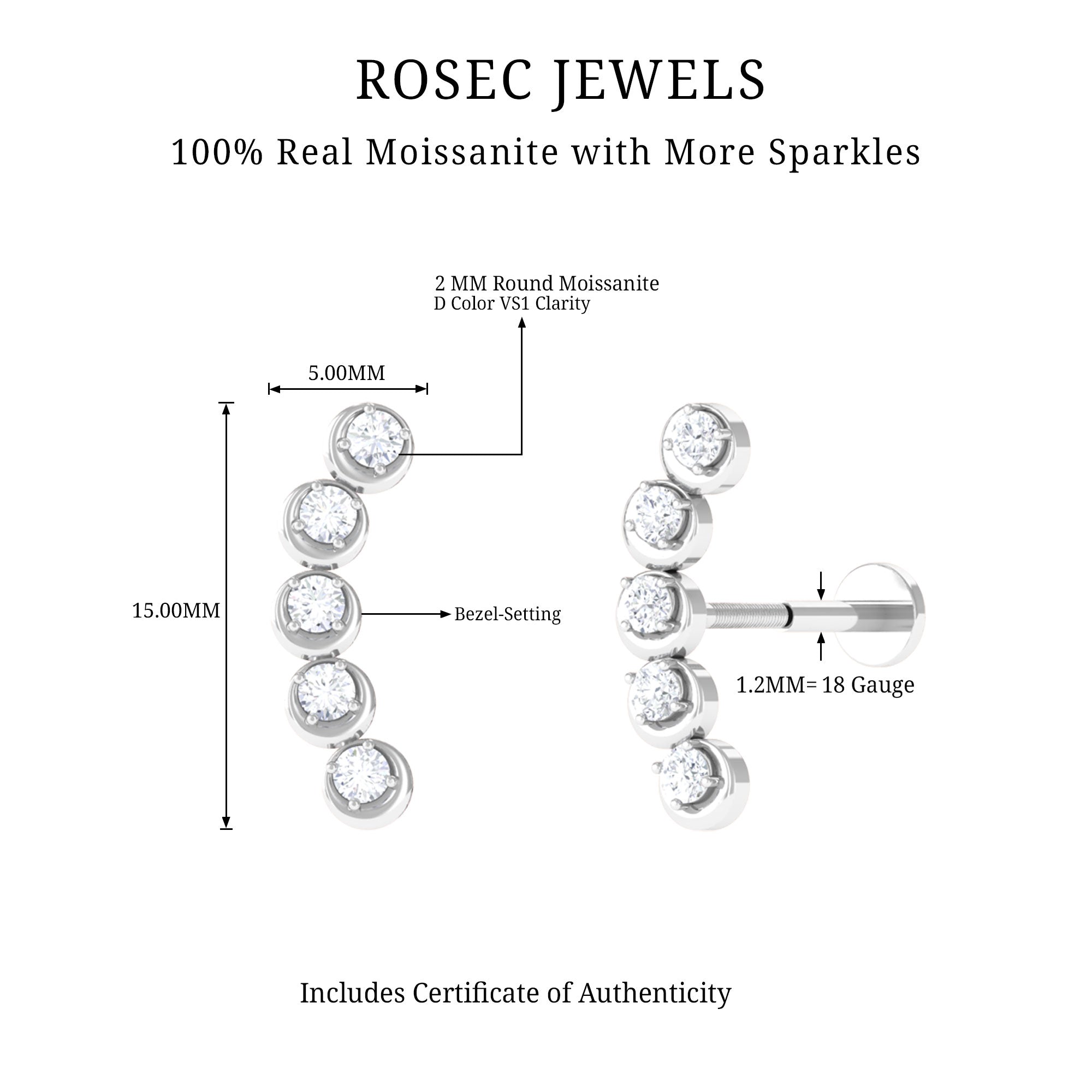 Round Moissanite Gold Crawler Earring for Helix Piercing