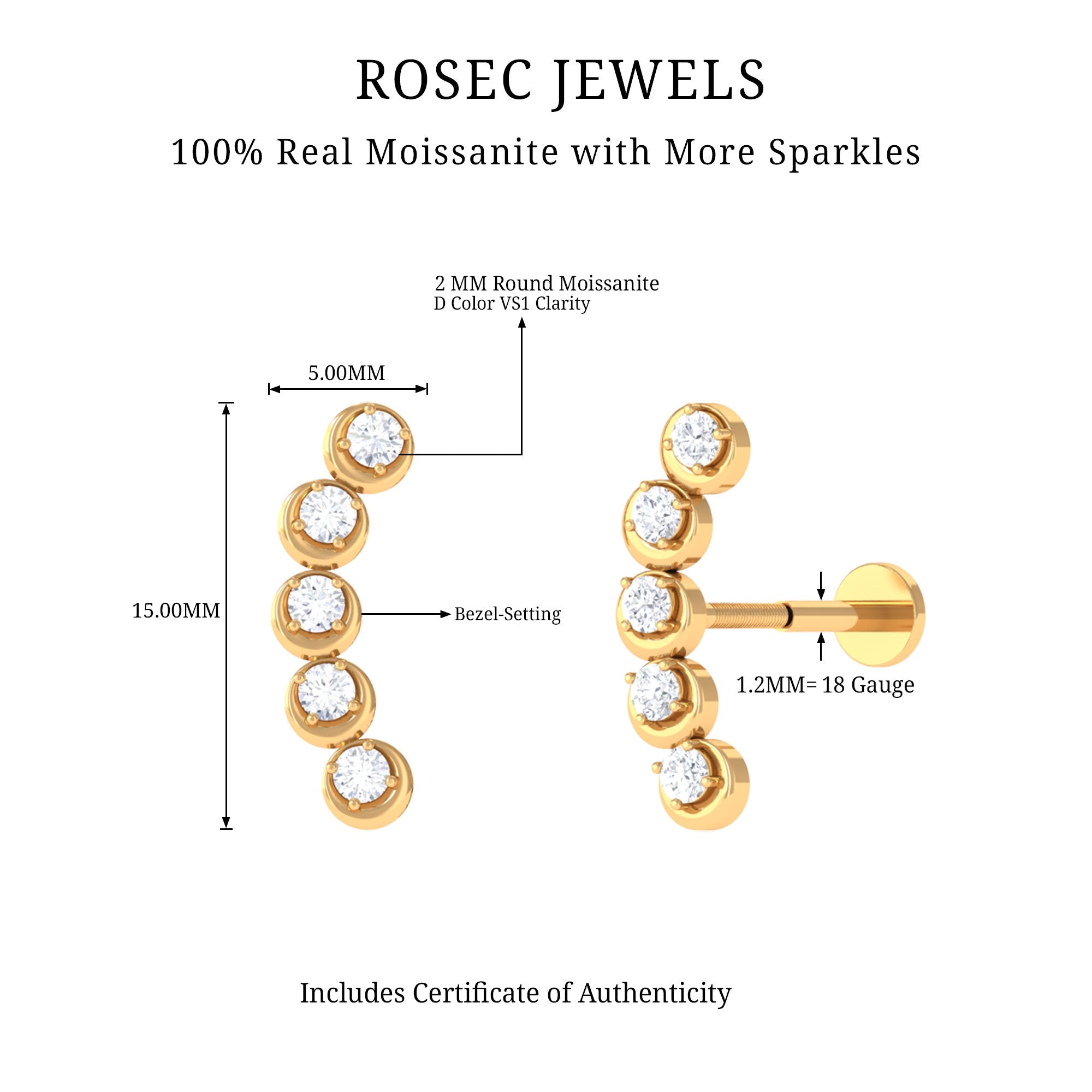 Round Moissanite Gold Crawler Earring for Helix Piercing