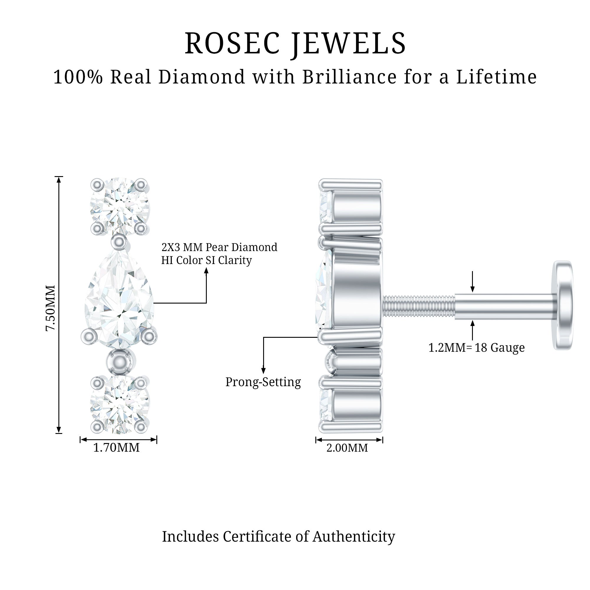 Natural Three Diamond Cartilage Earring with Flat Back