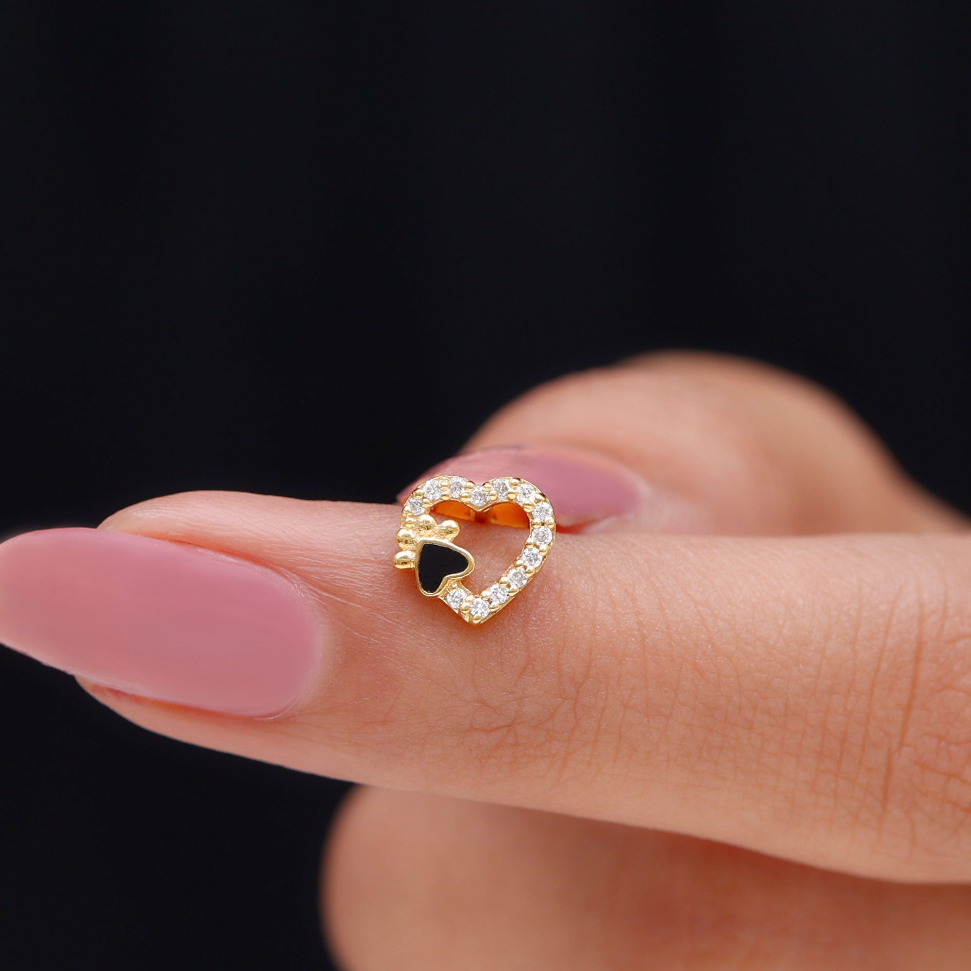 Certified Moissanite Paw and Heart Cartilage Earring with Enamel