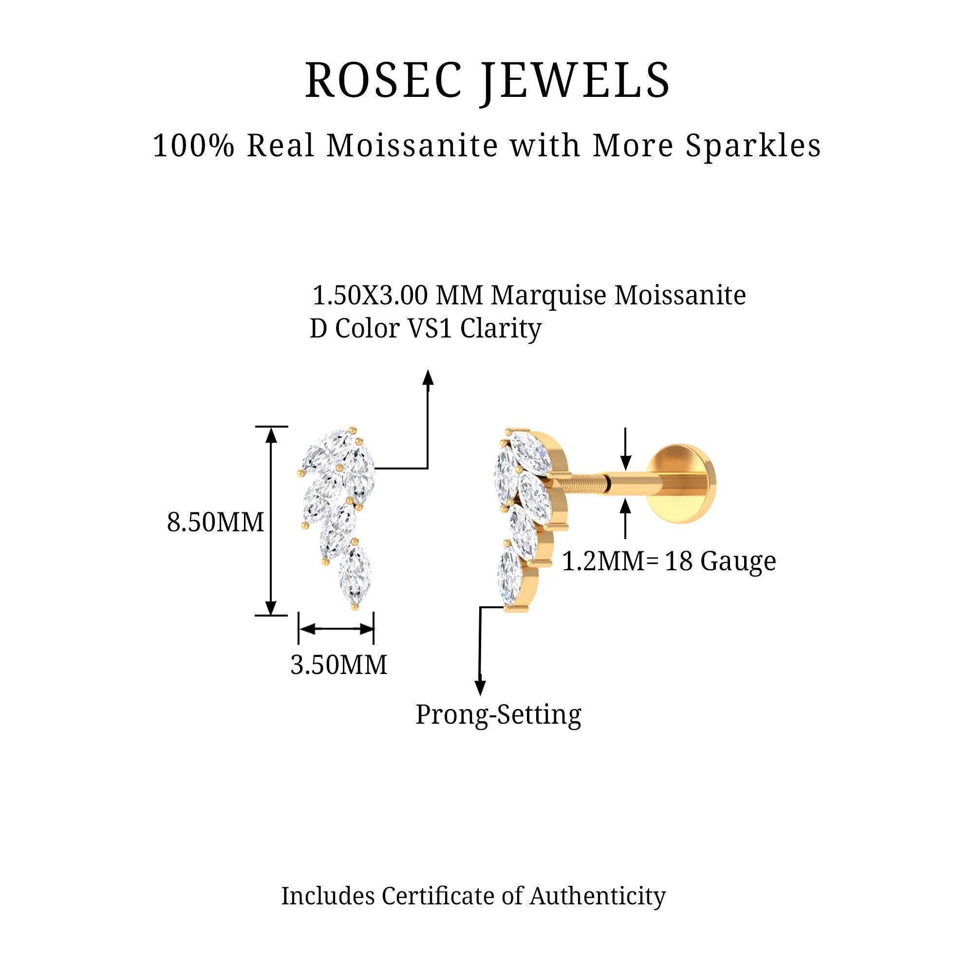 Marquise Moissanite Leaf Earring for Helix Piercing