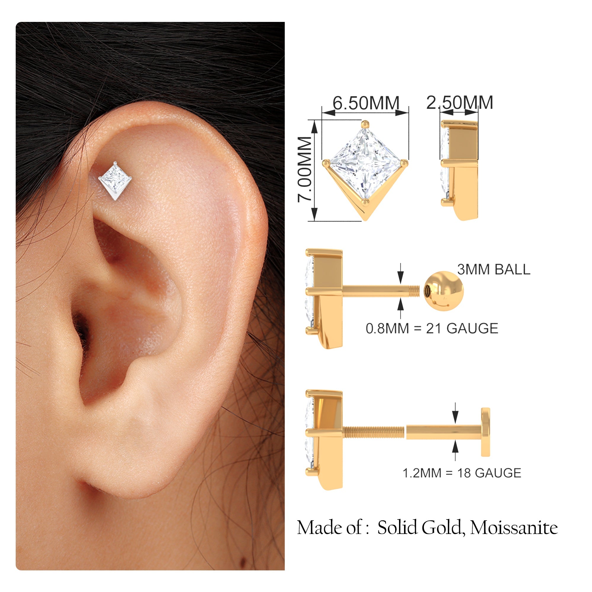 Princess Cut Moissanite Tragus Earring in Gold