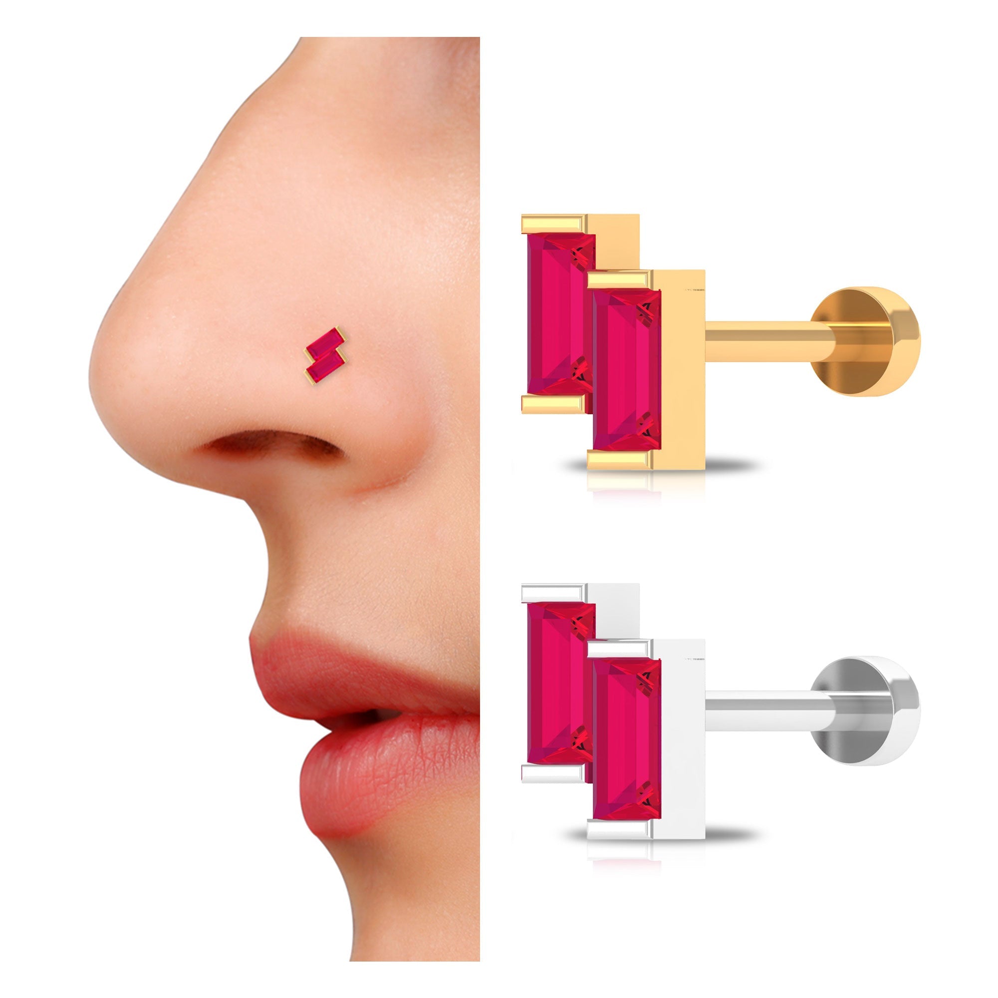 Baguette Ruby Two Stone Nose Pin