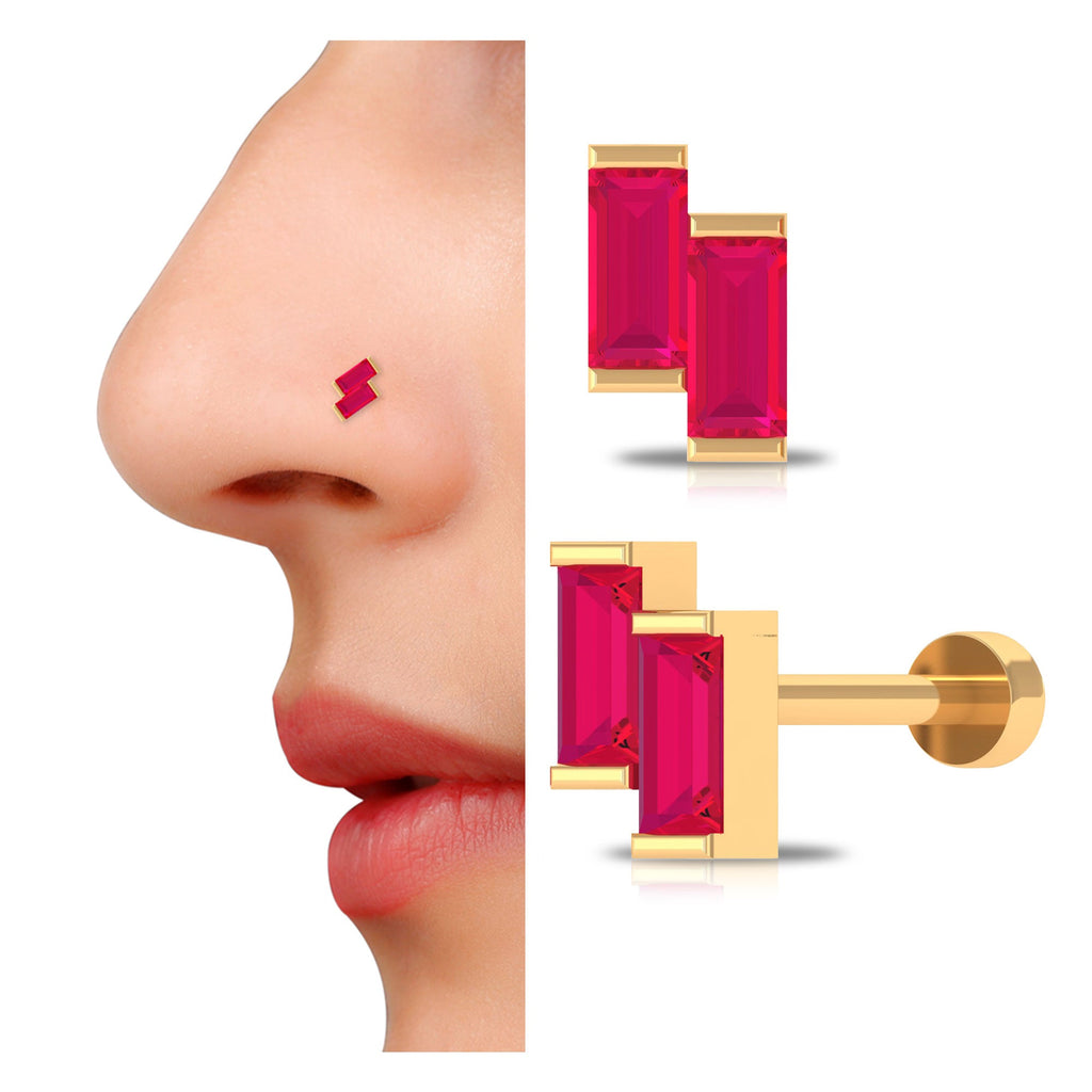 Baguette Ruby Two Stone Nose Pin