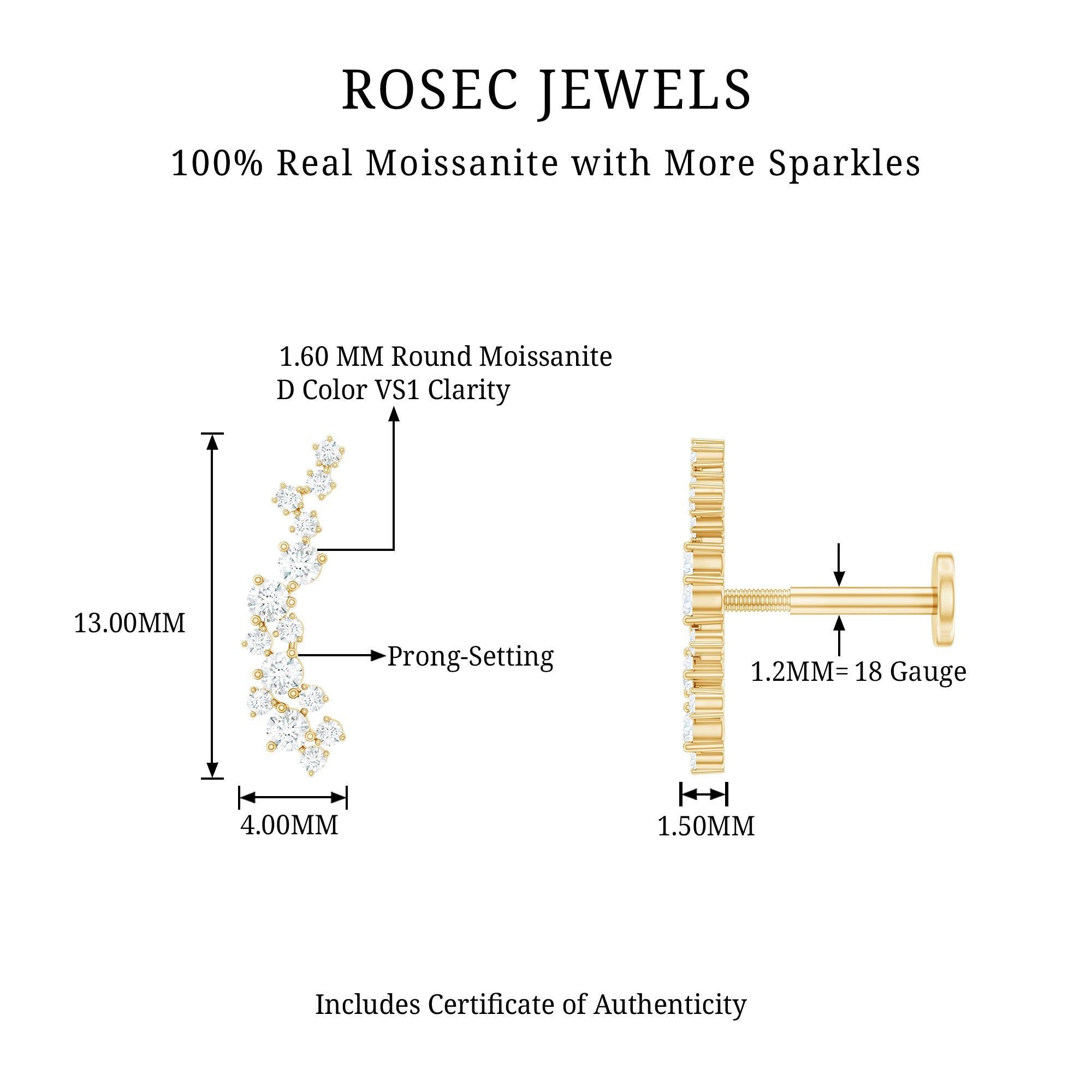 Certified Moissanite Cluster Crawler Earring For Her
