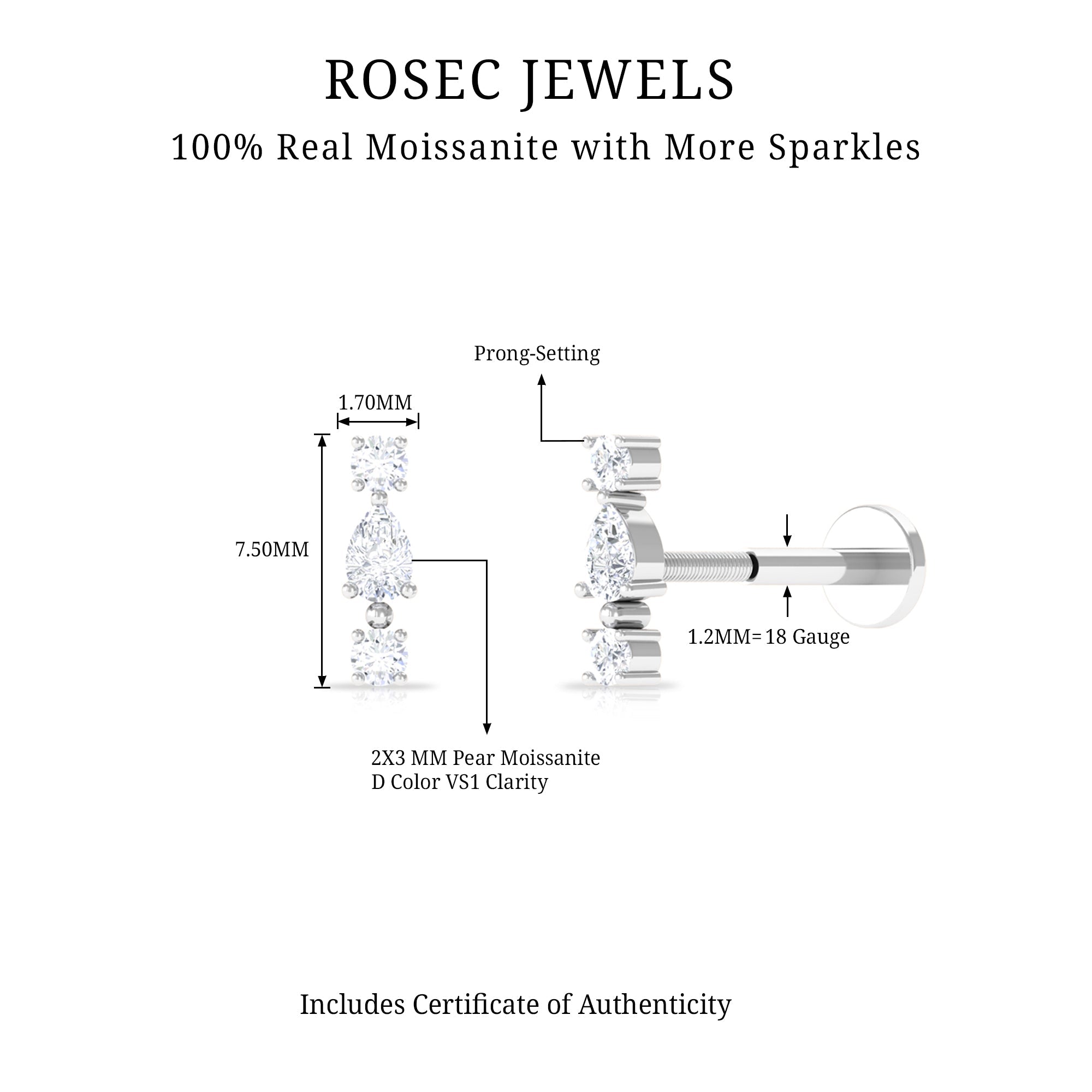 Certified Moissanite 3 Stone Tragus Earring
