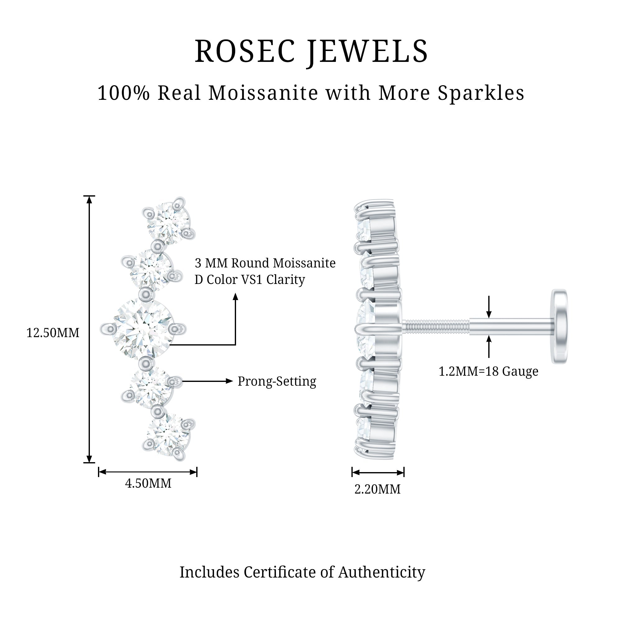 Certified Moissanite Curved Crawler Earring with Flat Back