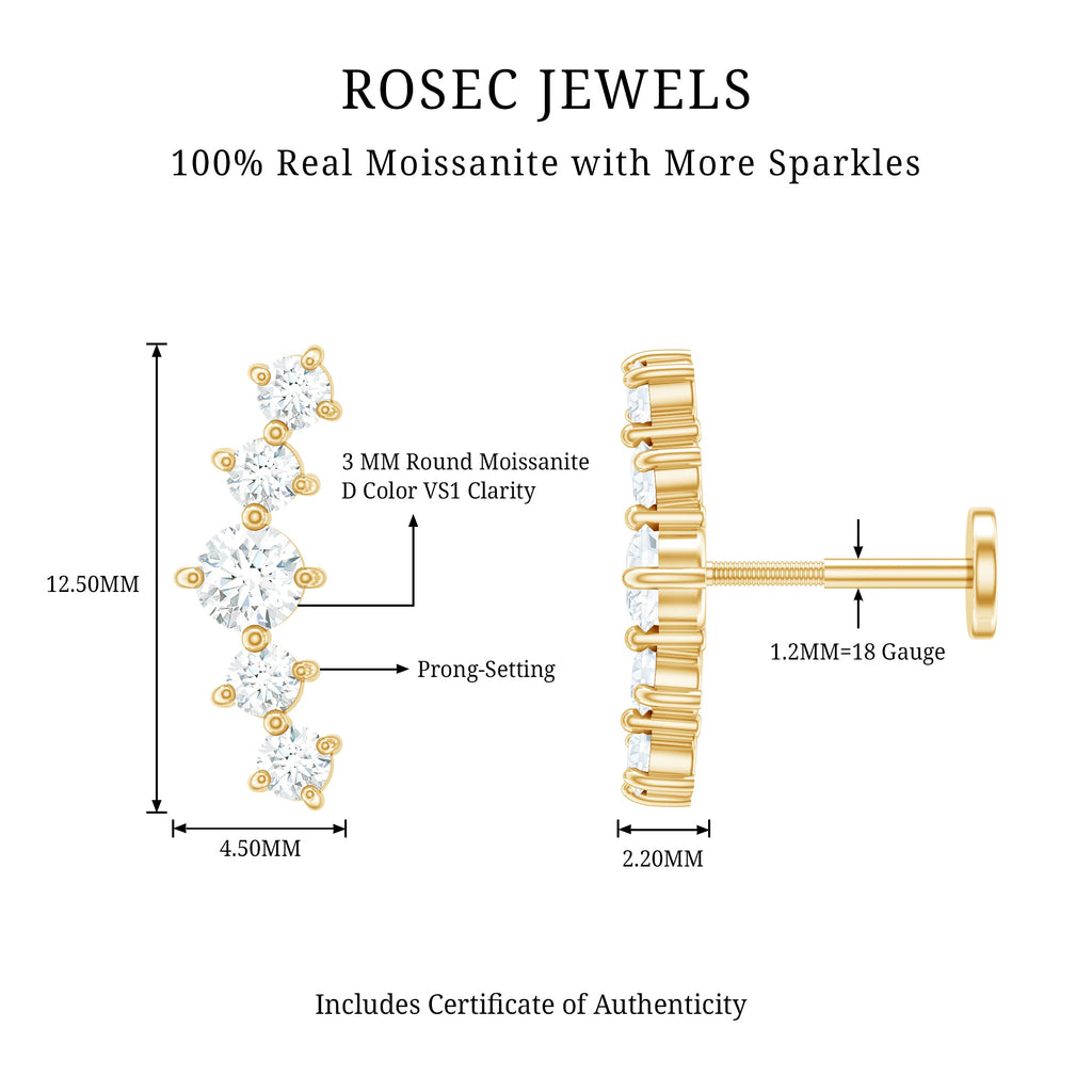 Certified Moissanite Curved Crawler Earring with Flat Back