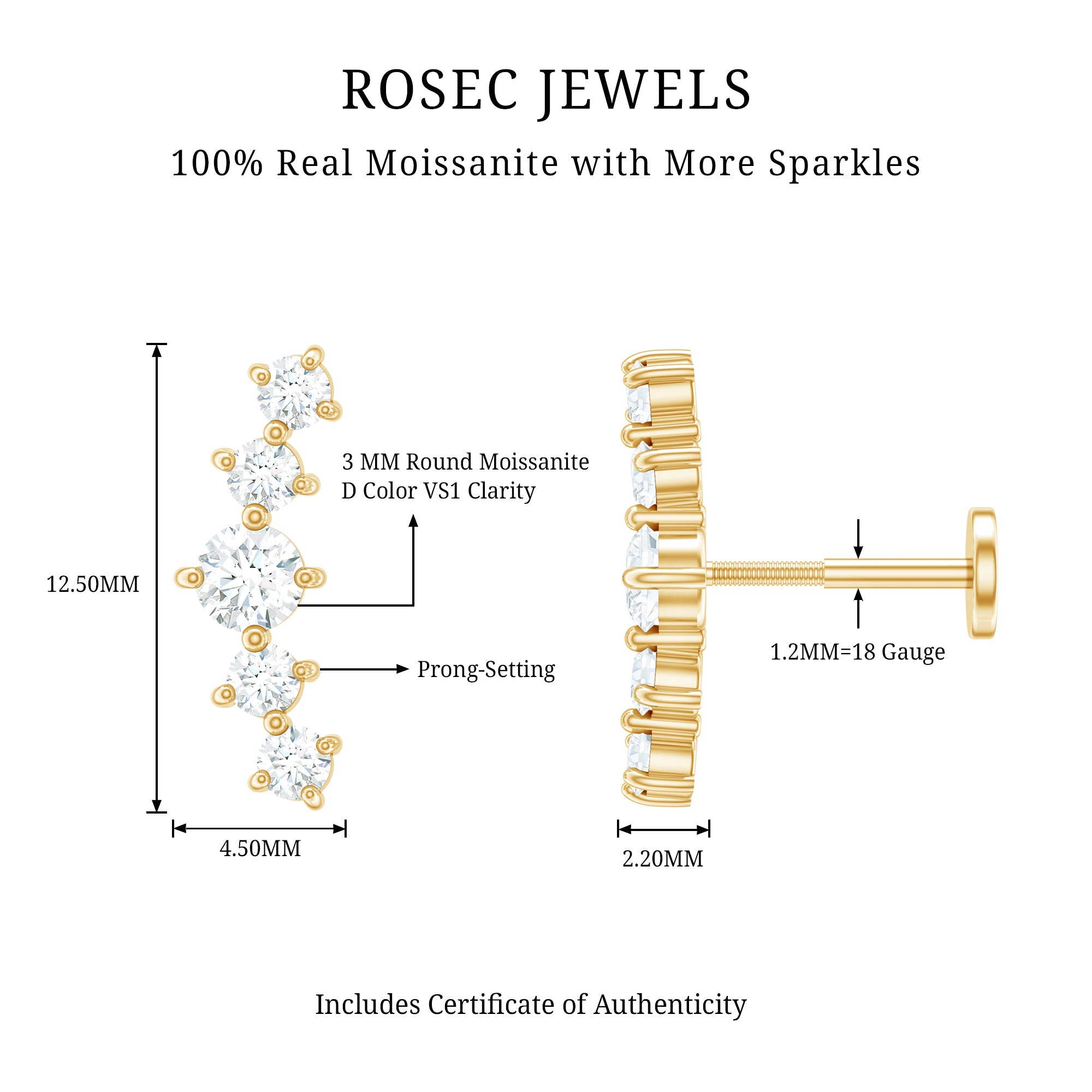 Certified Moissanite Curved Crawler Earring with Flat Back
