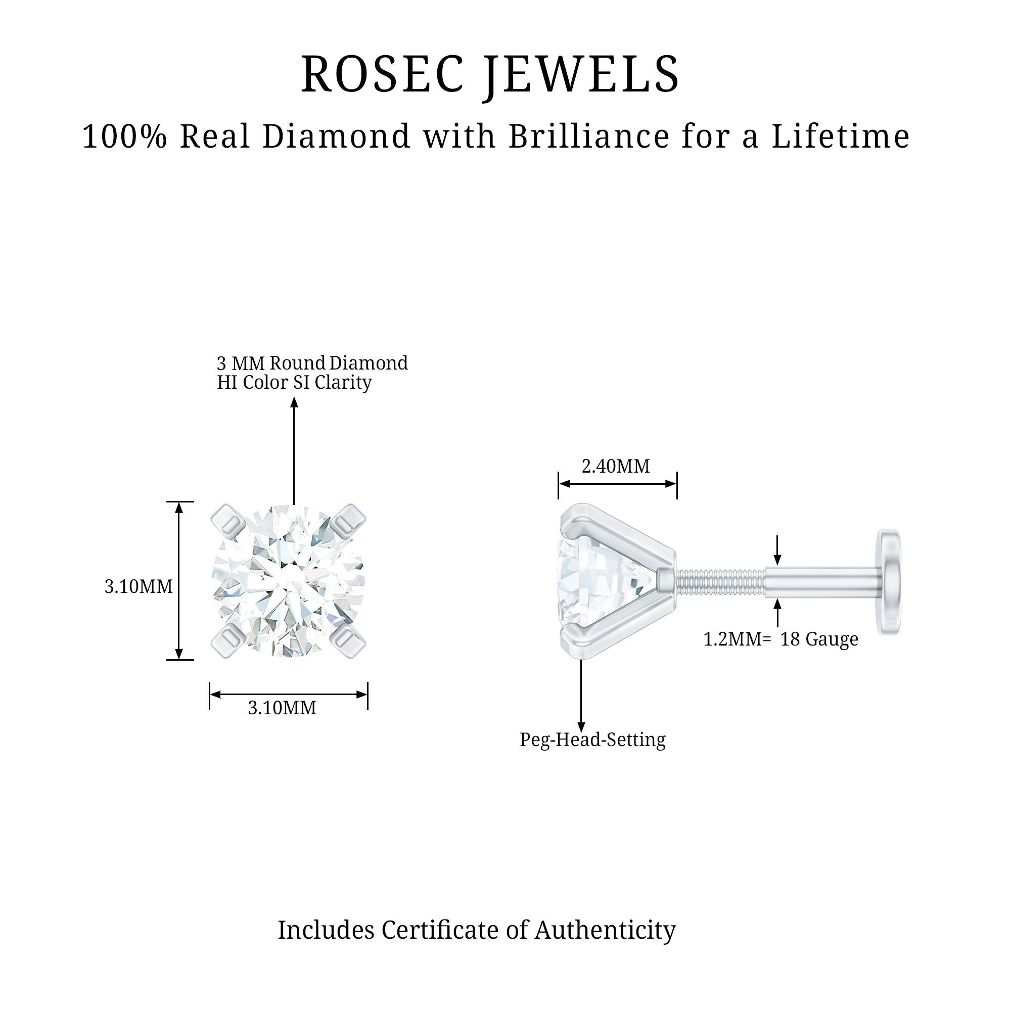 Minimalist Peg Head Set Diamond Nose Pin Stud
