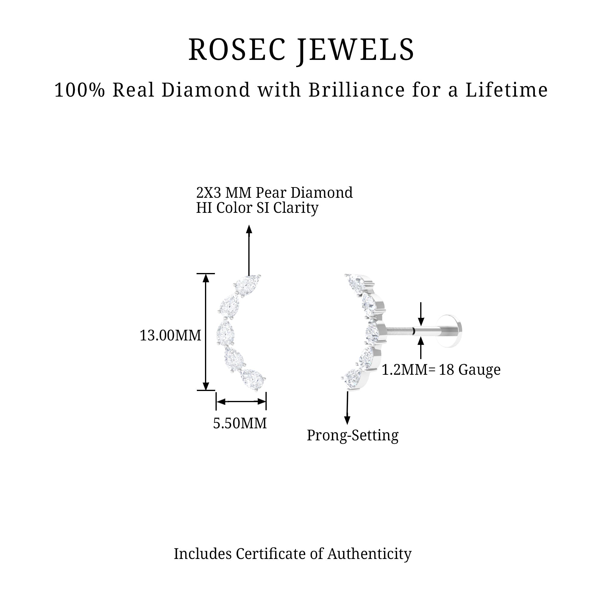 Pear Shape Diamond Crawler Earring for Cartilage Piercing