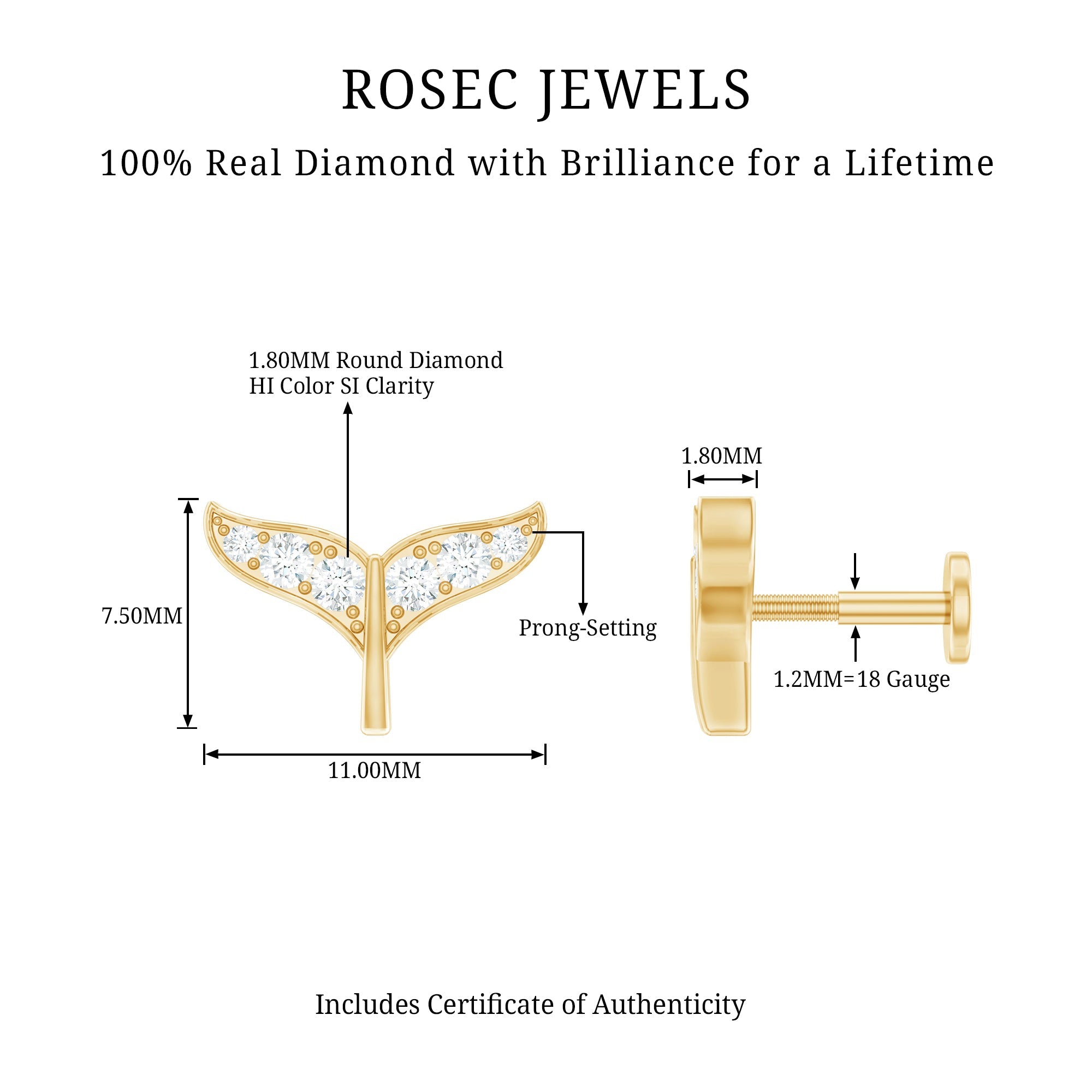 Certified Diamond Whale Tail Earring for Helix Piercing