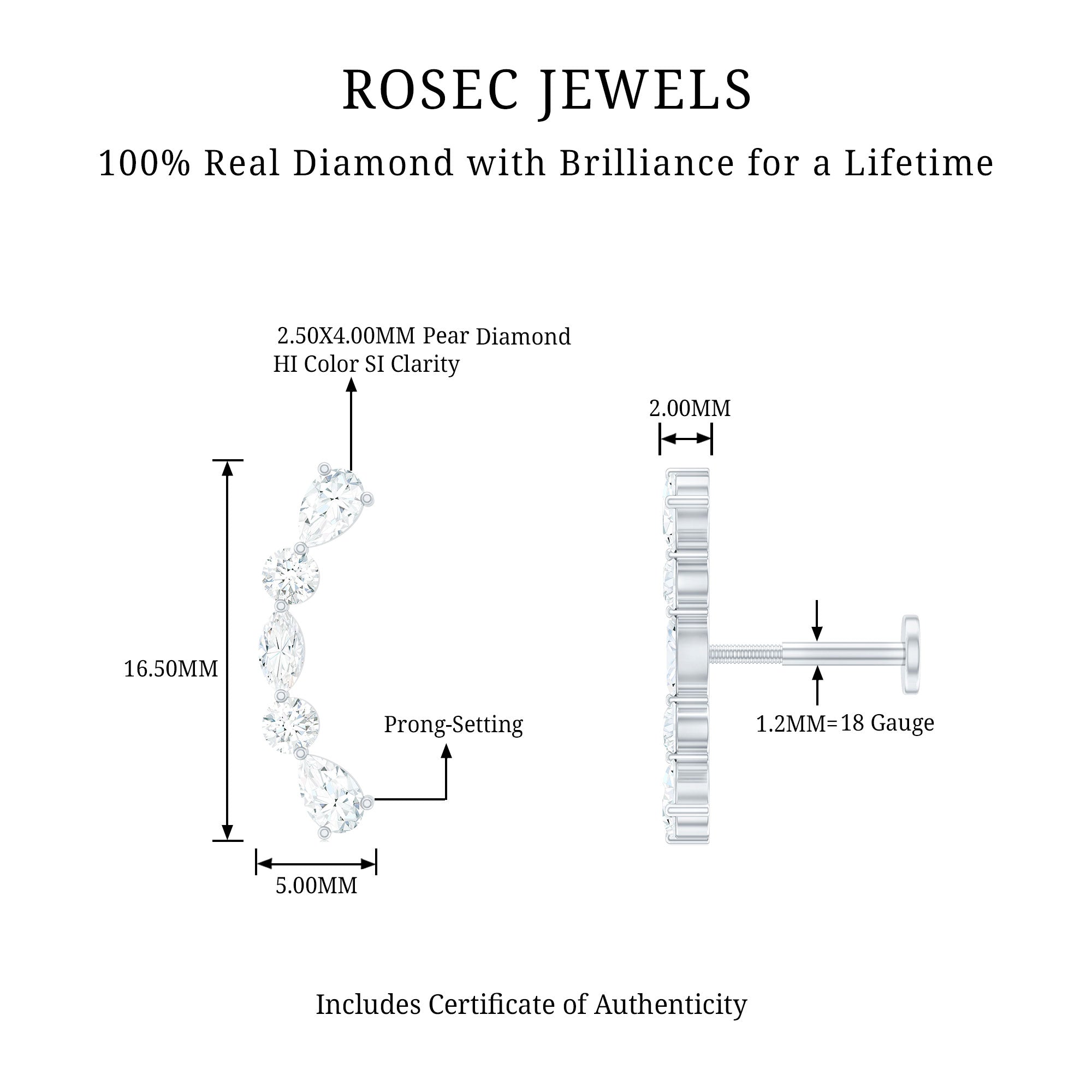 Simple Diamond Curved Crawler Earring for Helix Piercing