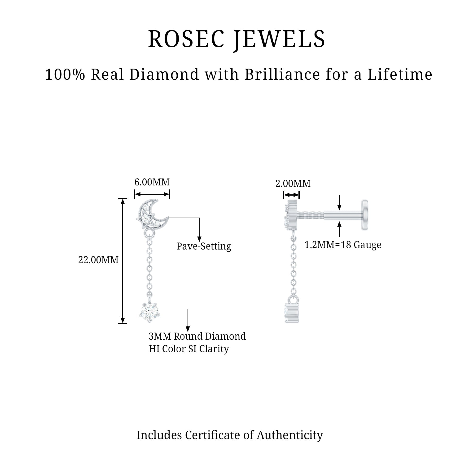 Diamond Moon Chain Earring for Helix Piercing