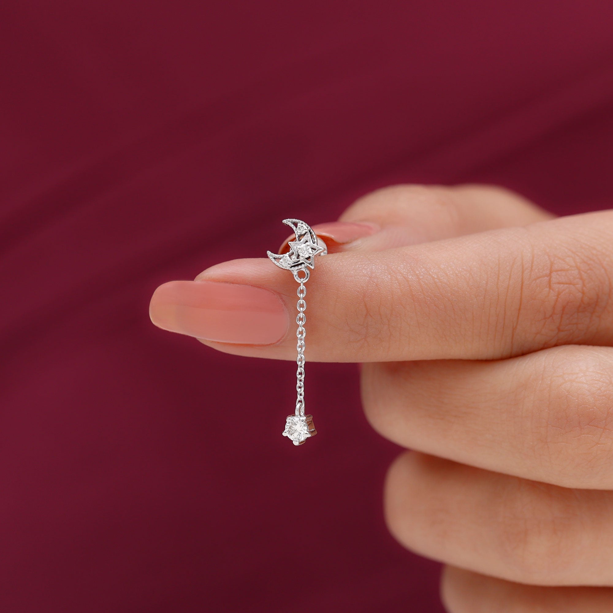 Diamond Moon Chain Earring for Helix Piercing